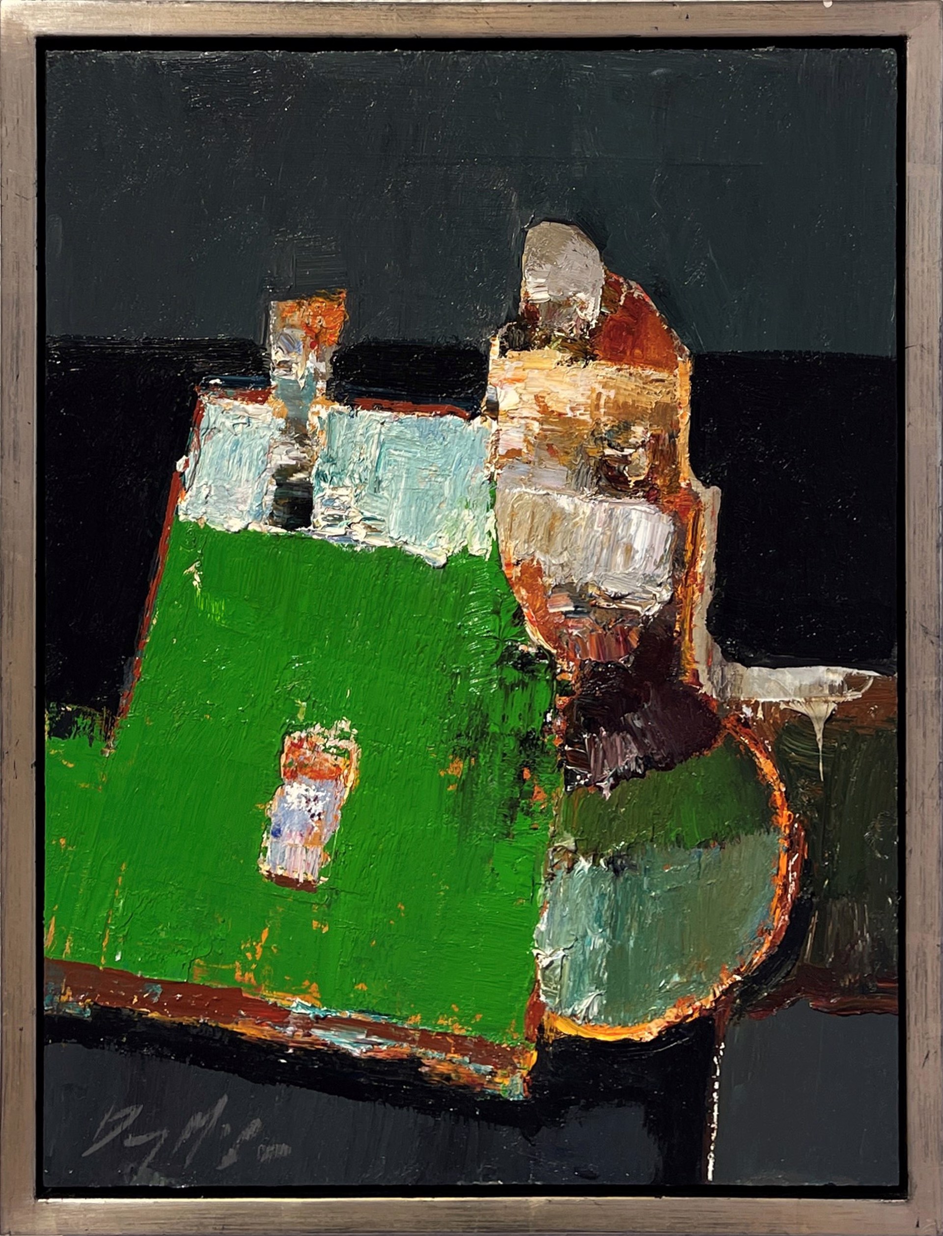 A painting of a green vase sitting on top of a table.