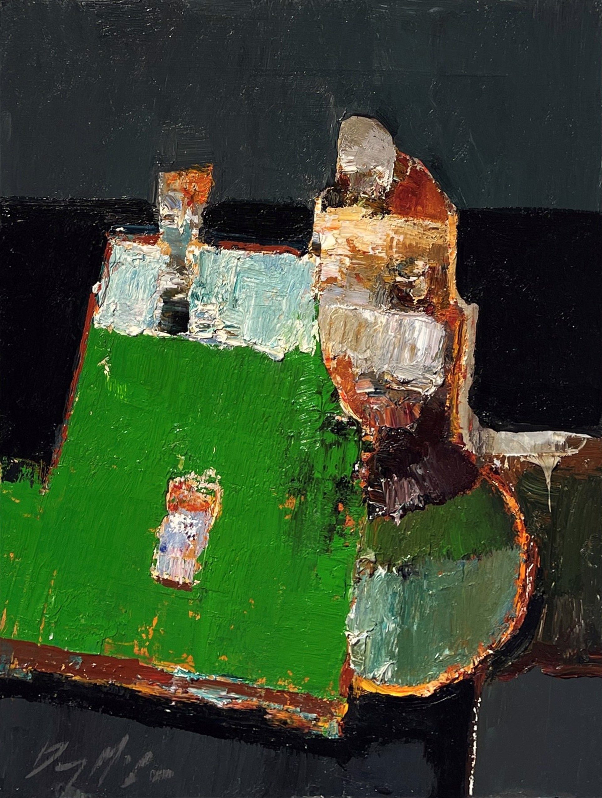A painting of a green vase sitting on top of a table.