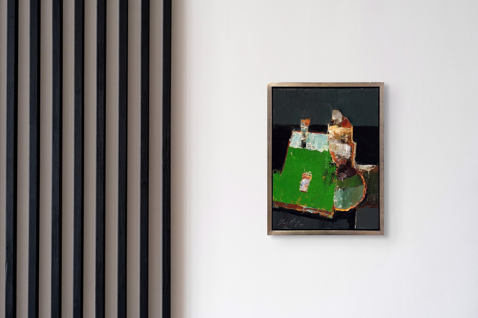 A painting of a green vase sitting on top of a table.
