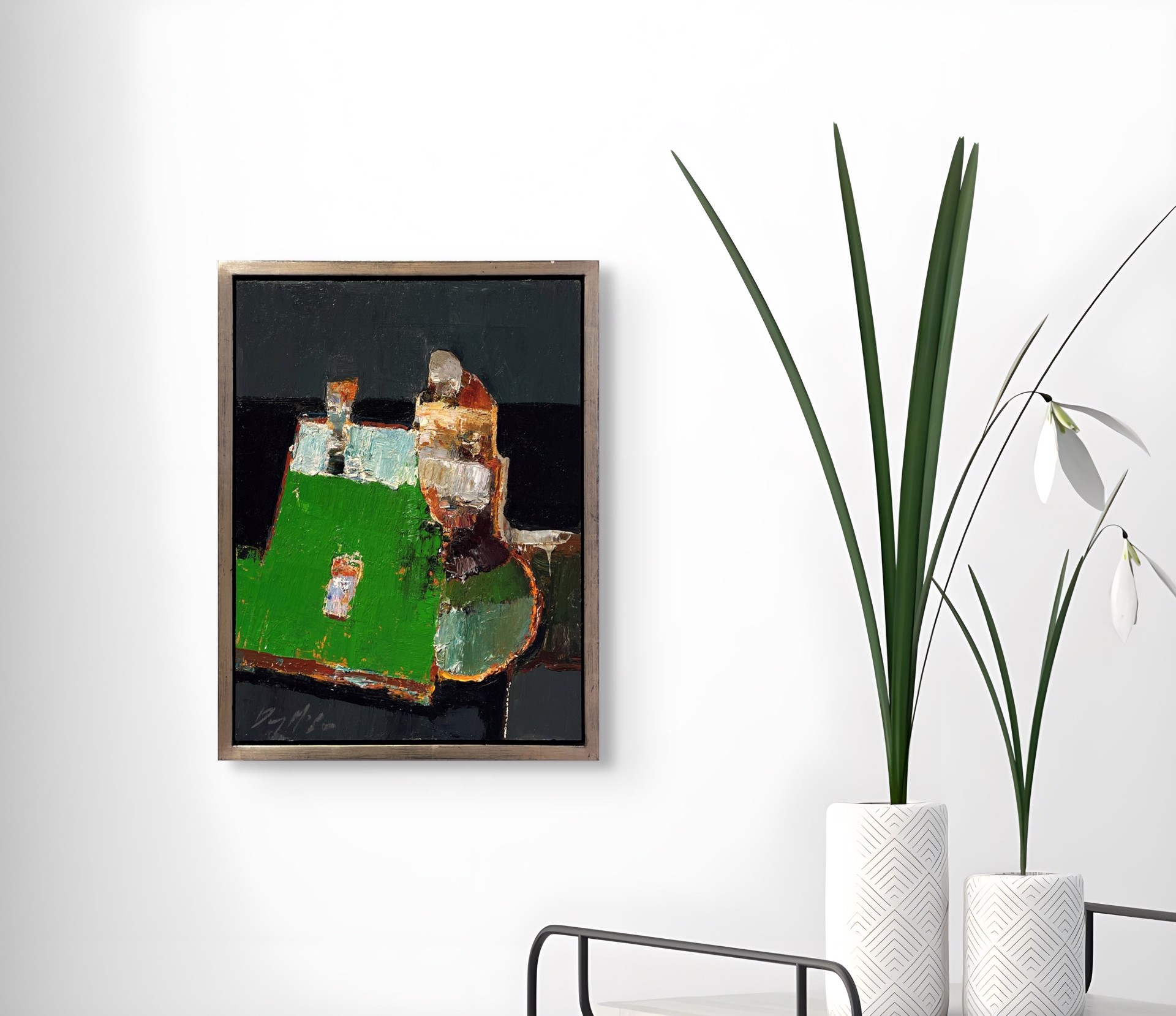 A painting of a green vase sitting on top of a table.