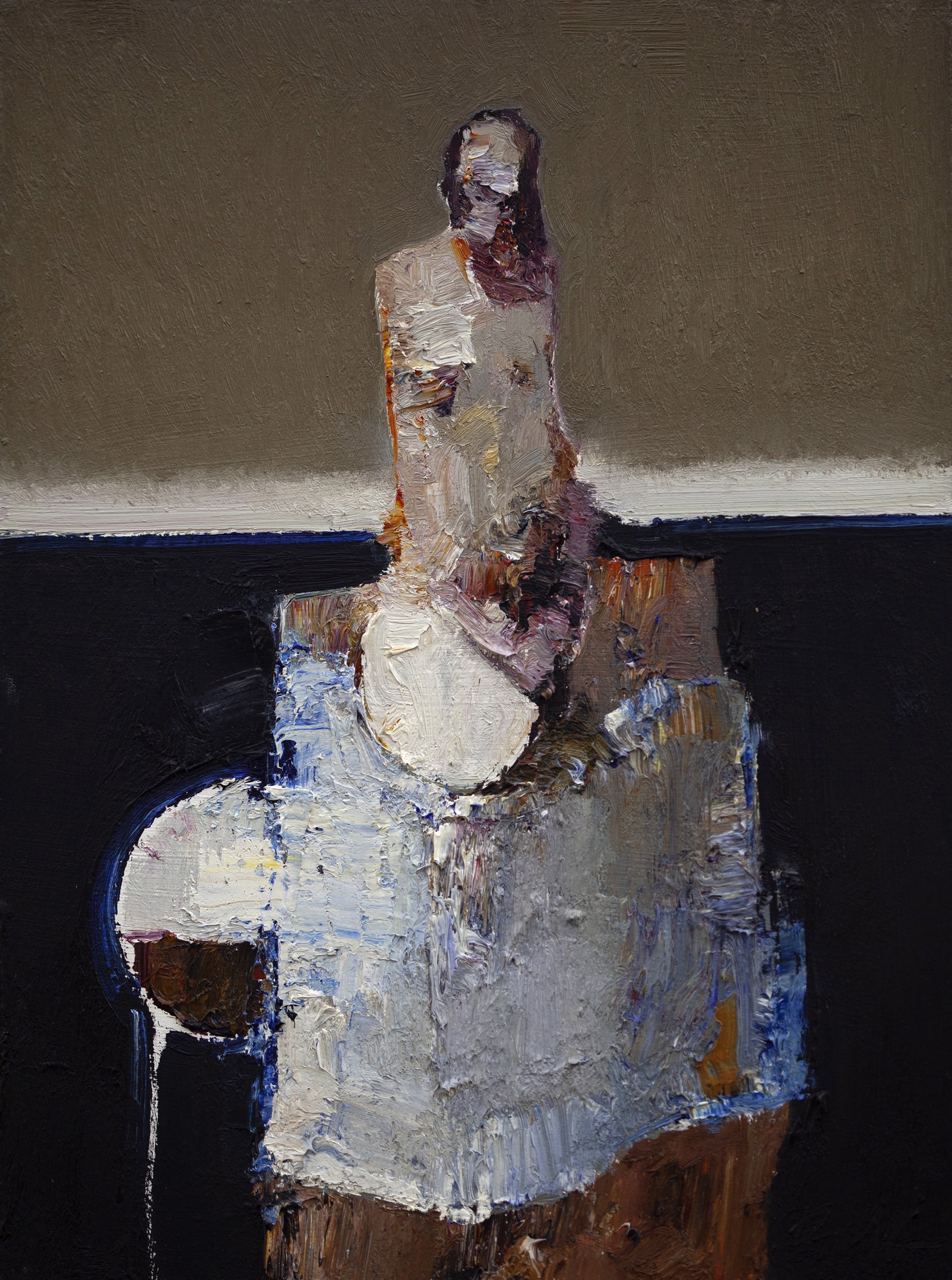 A painting of a woman sitting on a chair.