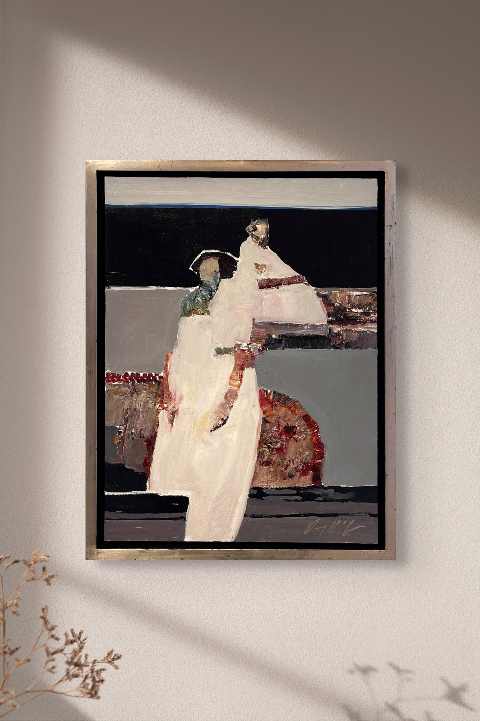 A bold, abstract painting of a figure in white against a dark background.