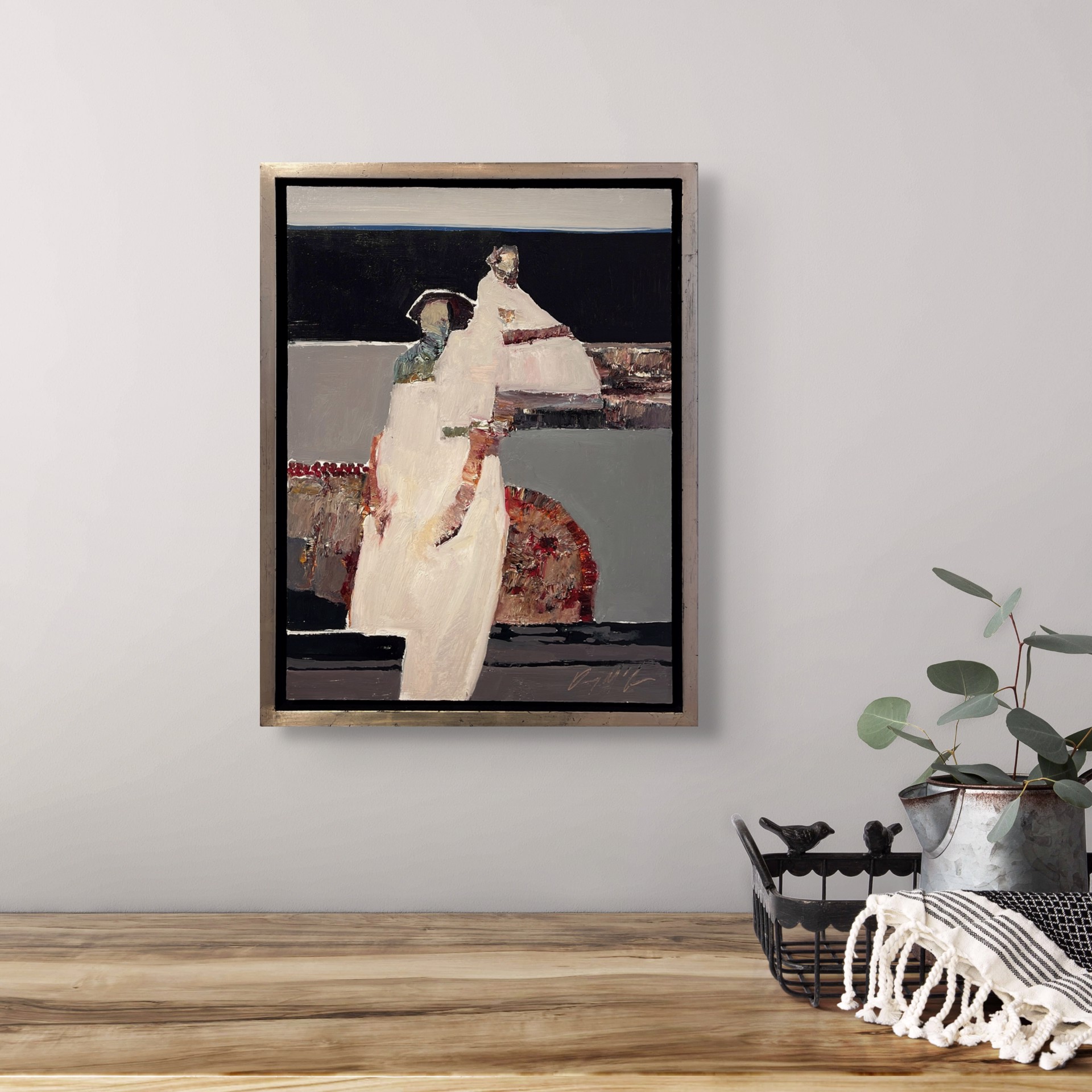 A bold, abstract painting of a figure in white against a dark background.
