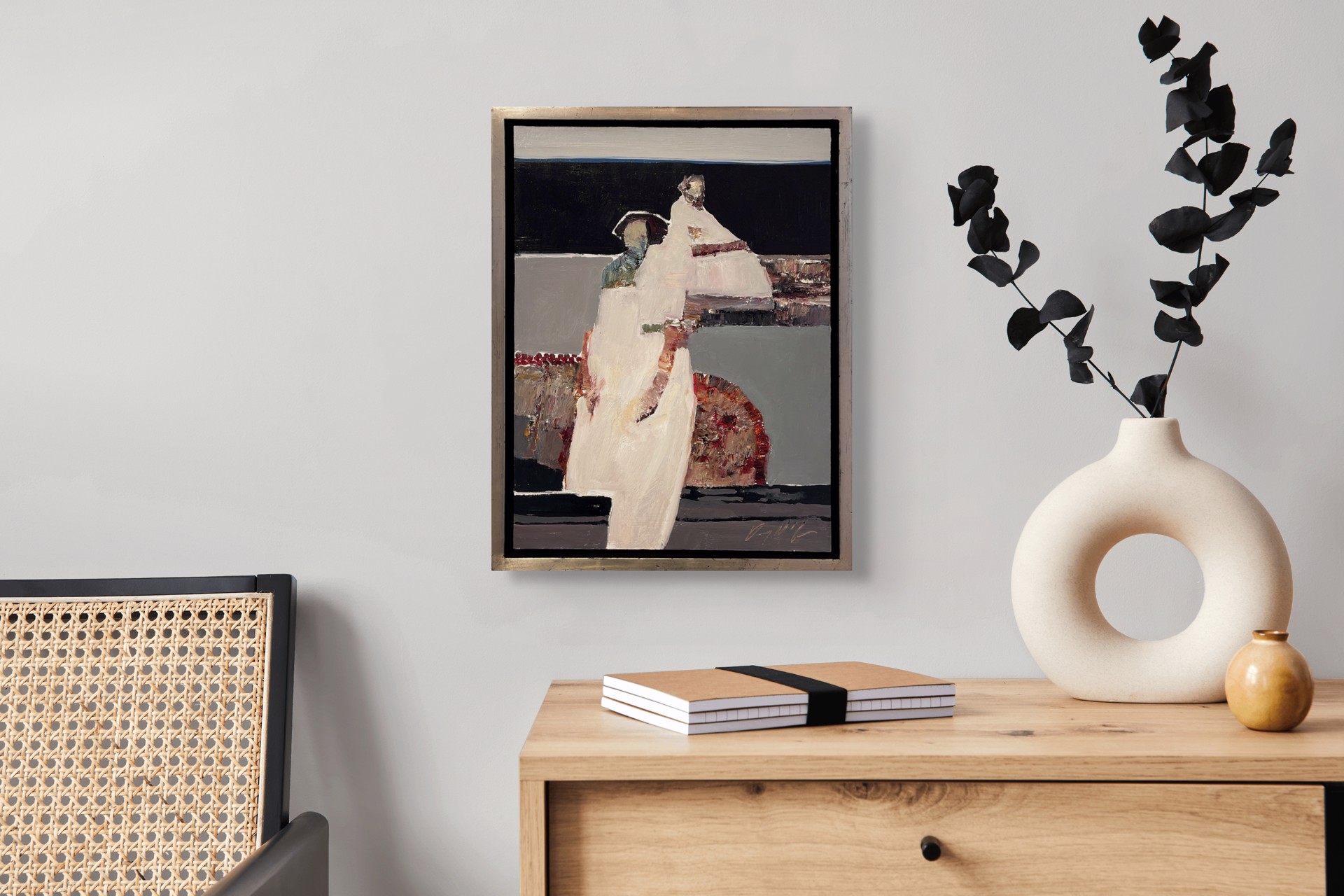 A bold, abstract painting of a figure in white against a dark background.