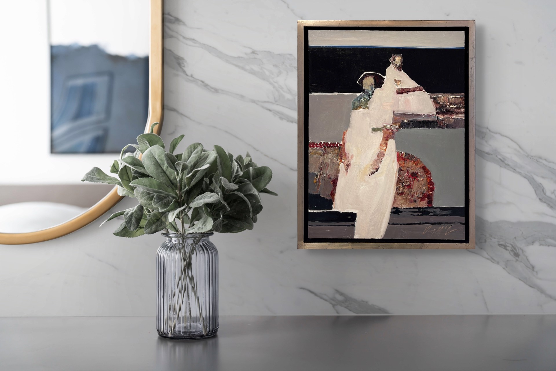 A bold, abstract painting of a figure in white against a dark background.