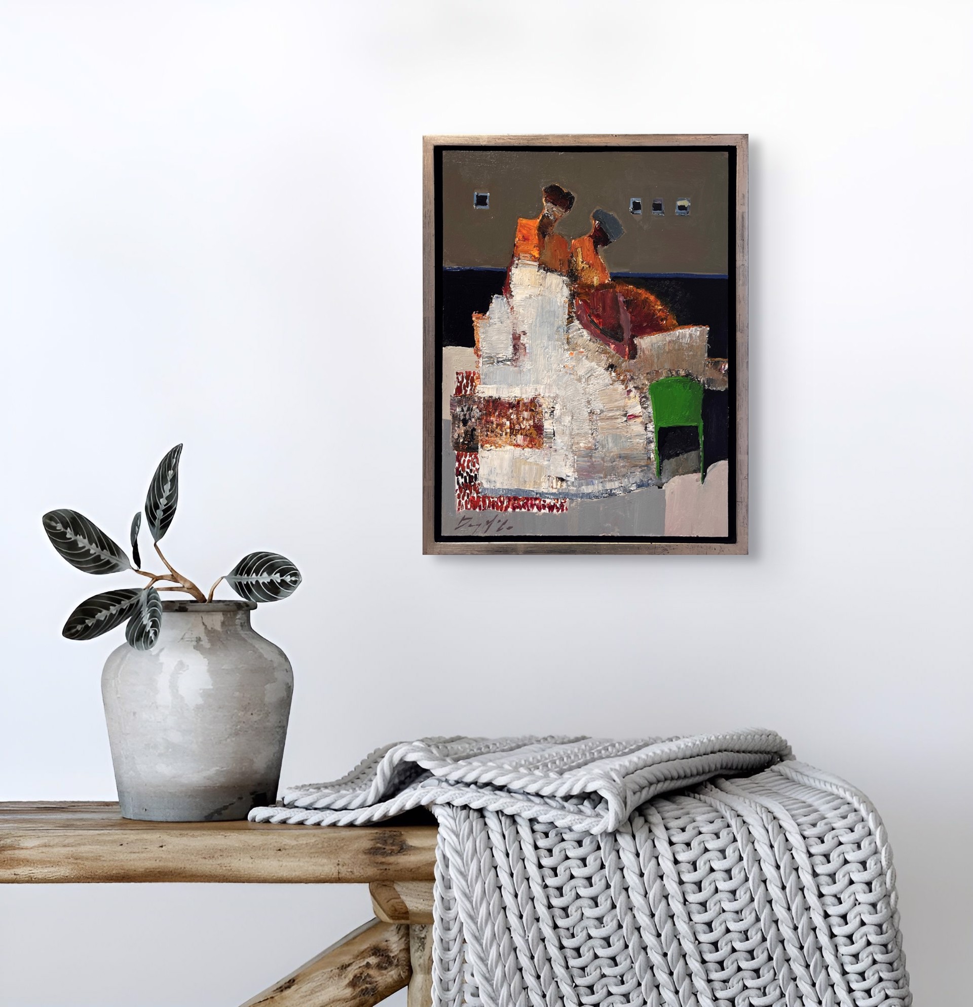 A bold, abstract painting of a figure in white against a dark background.