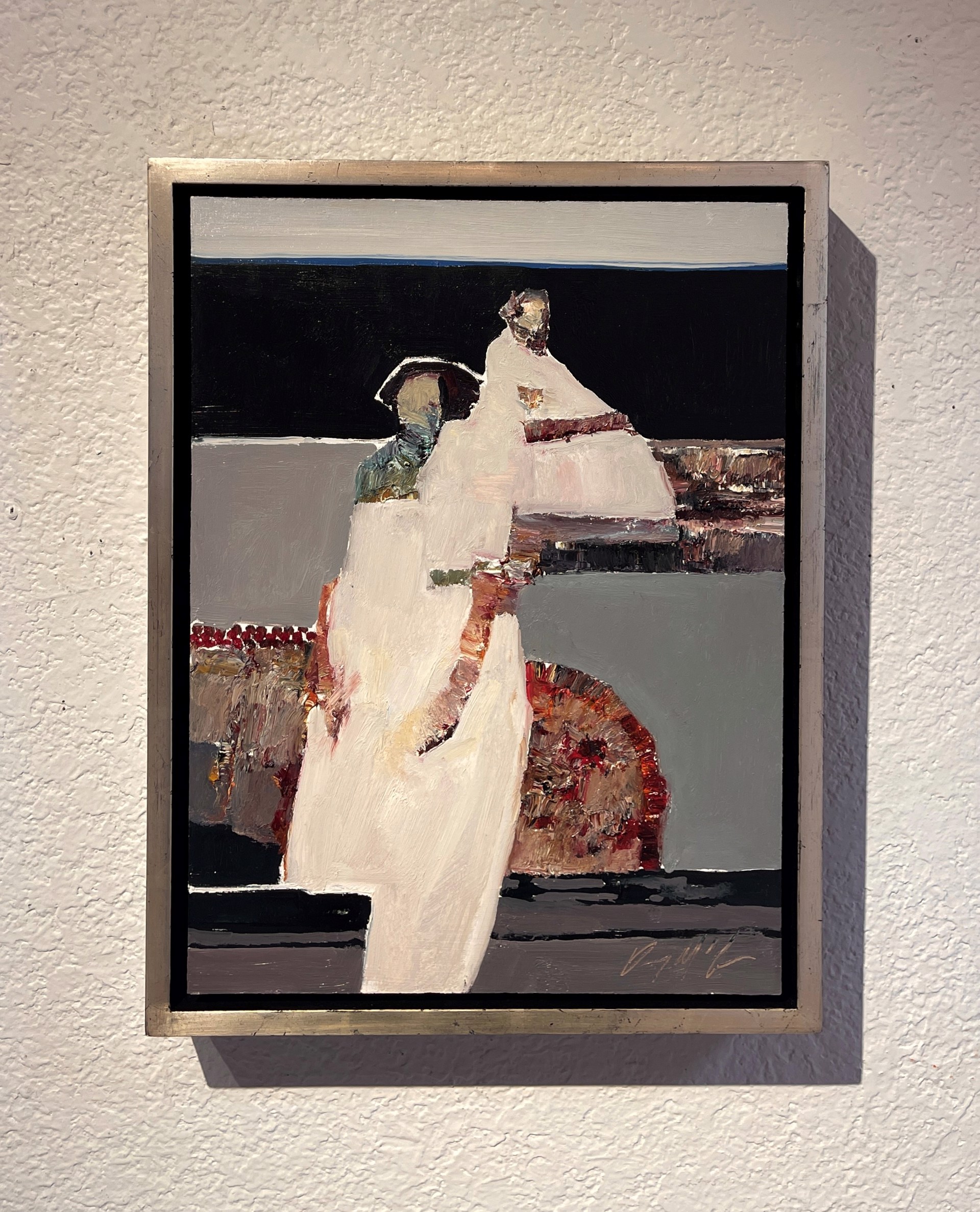 A bold, abstract painting of a figure in white against a dark background.