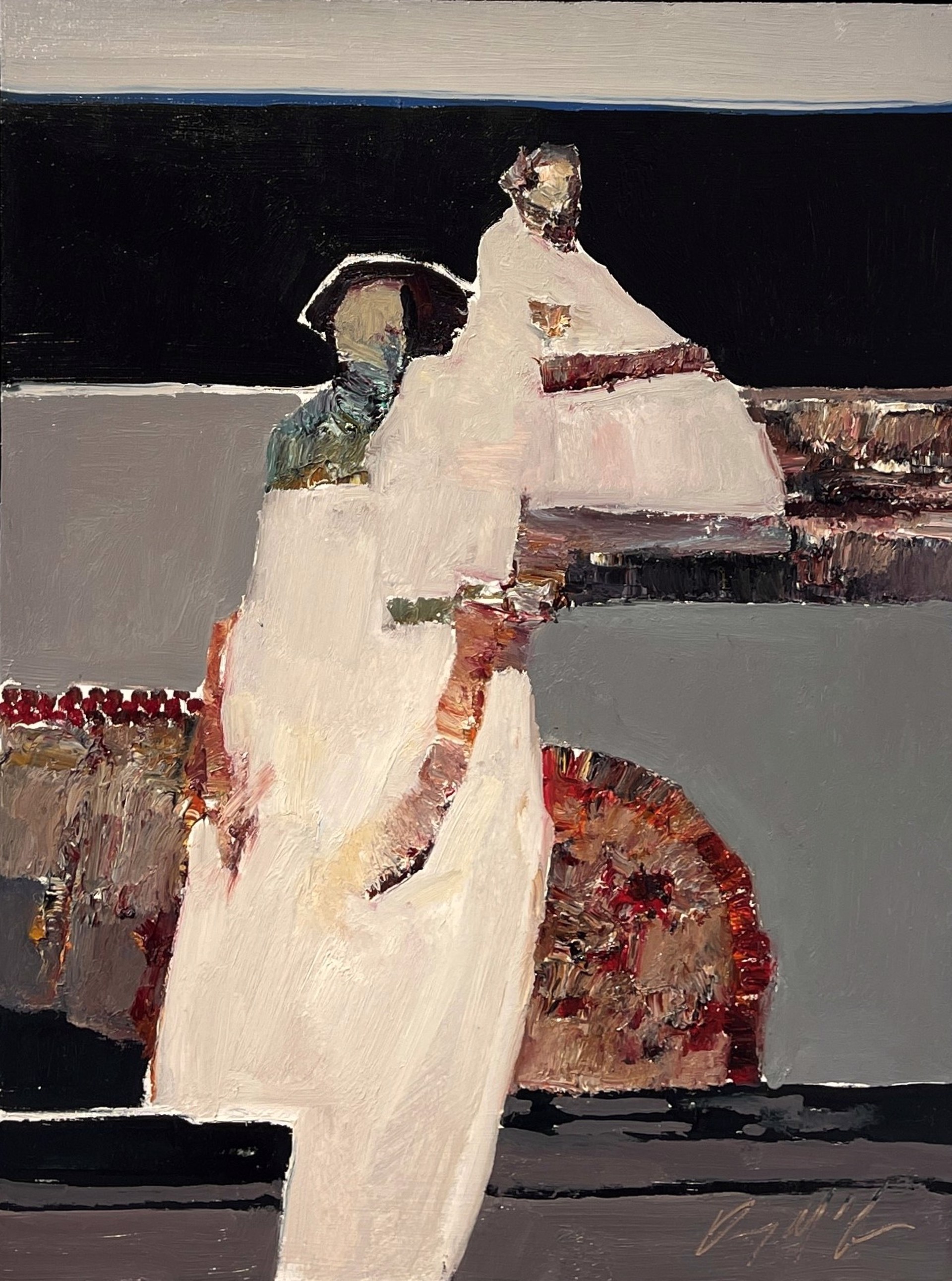 A bold, abstract painting of a figure in white against a dark background.