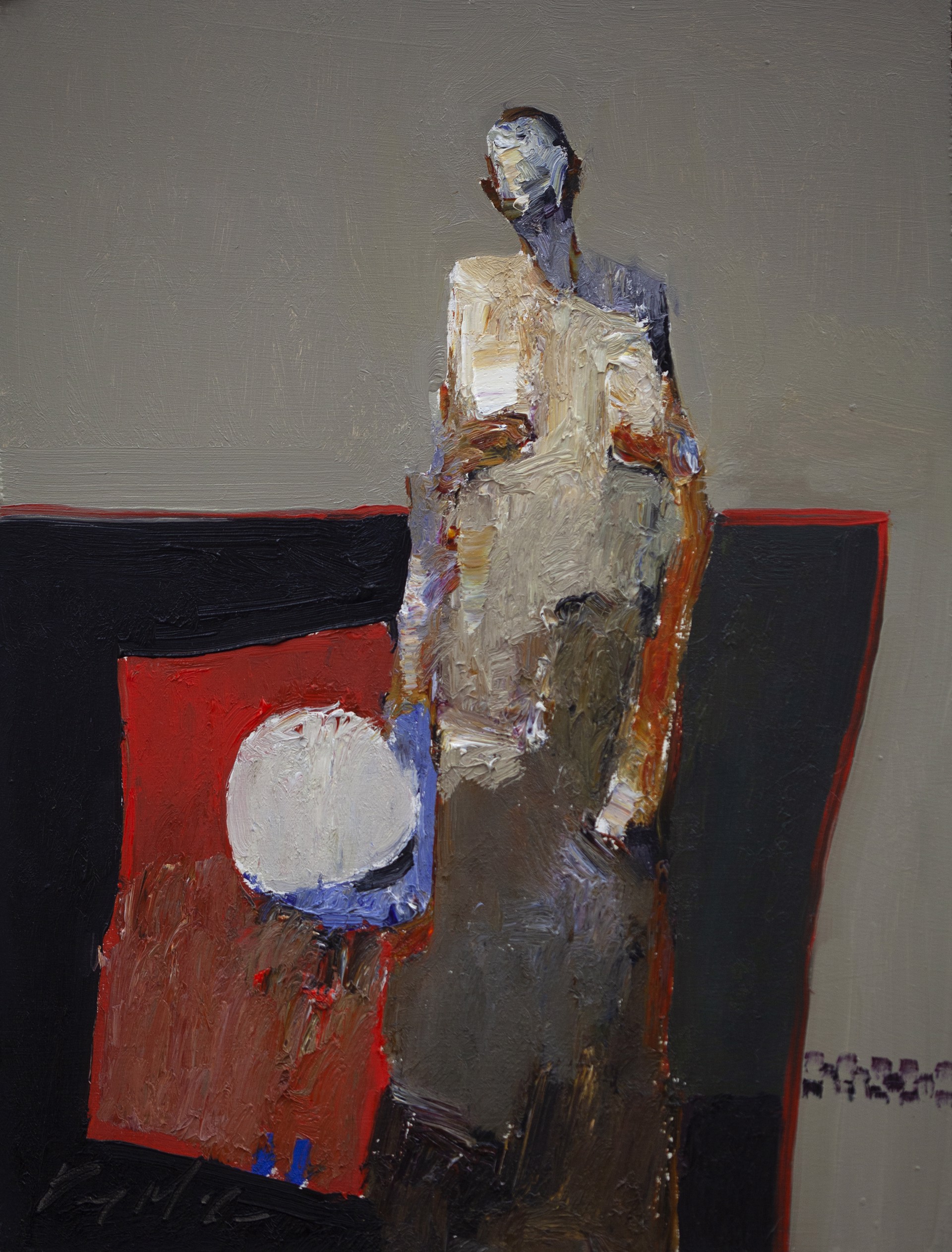 A painting of a woman standing in front of a red and black chair.
