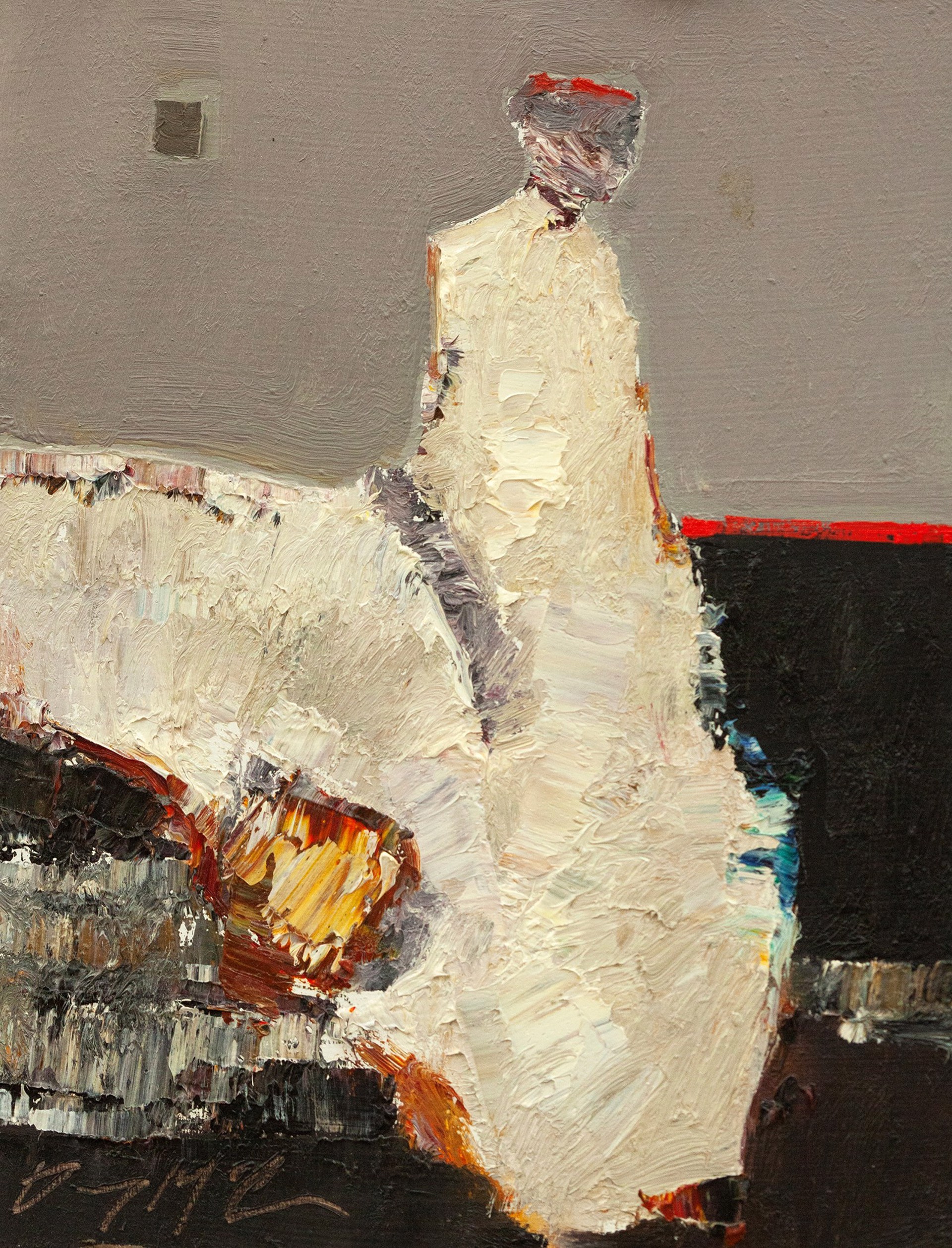A thickly painted figure in a white dress standing against a muted background.