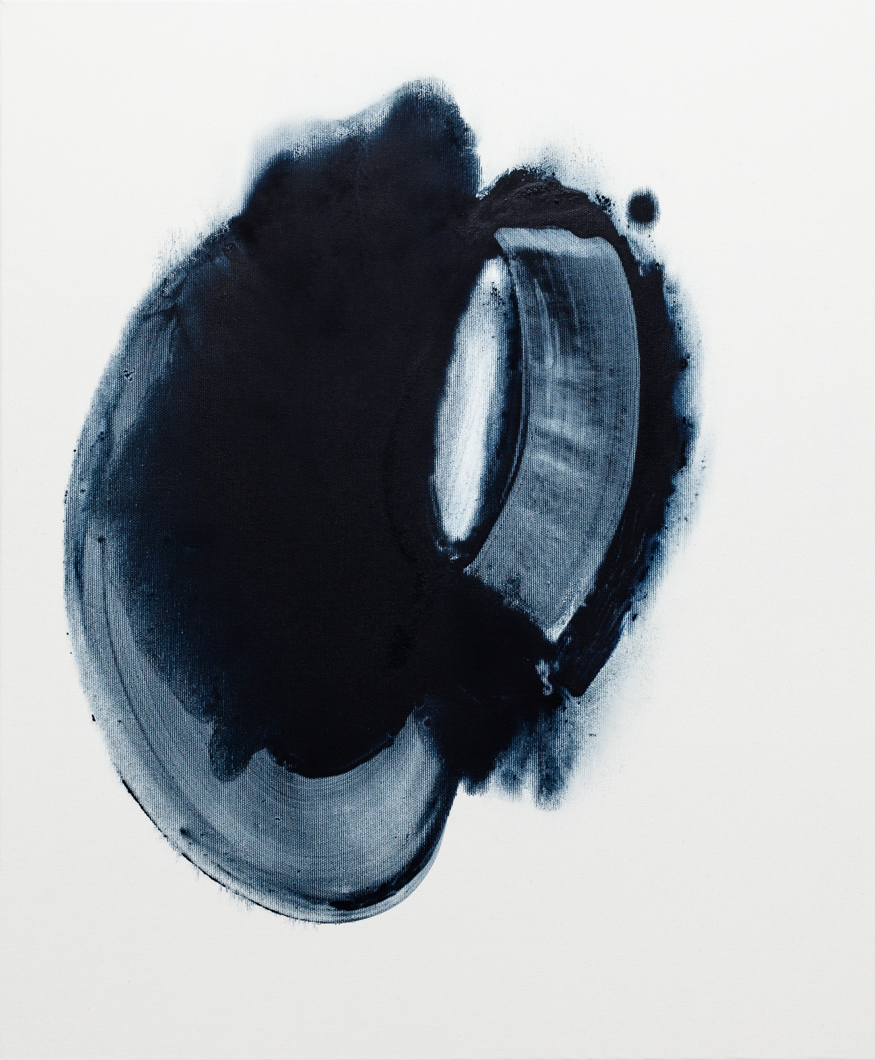 A black and white painting of a circle on a white background.
