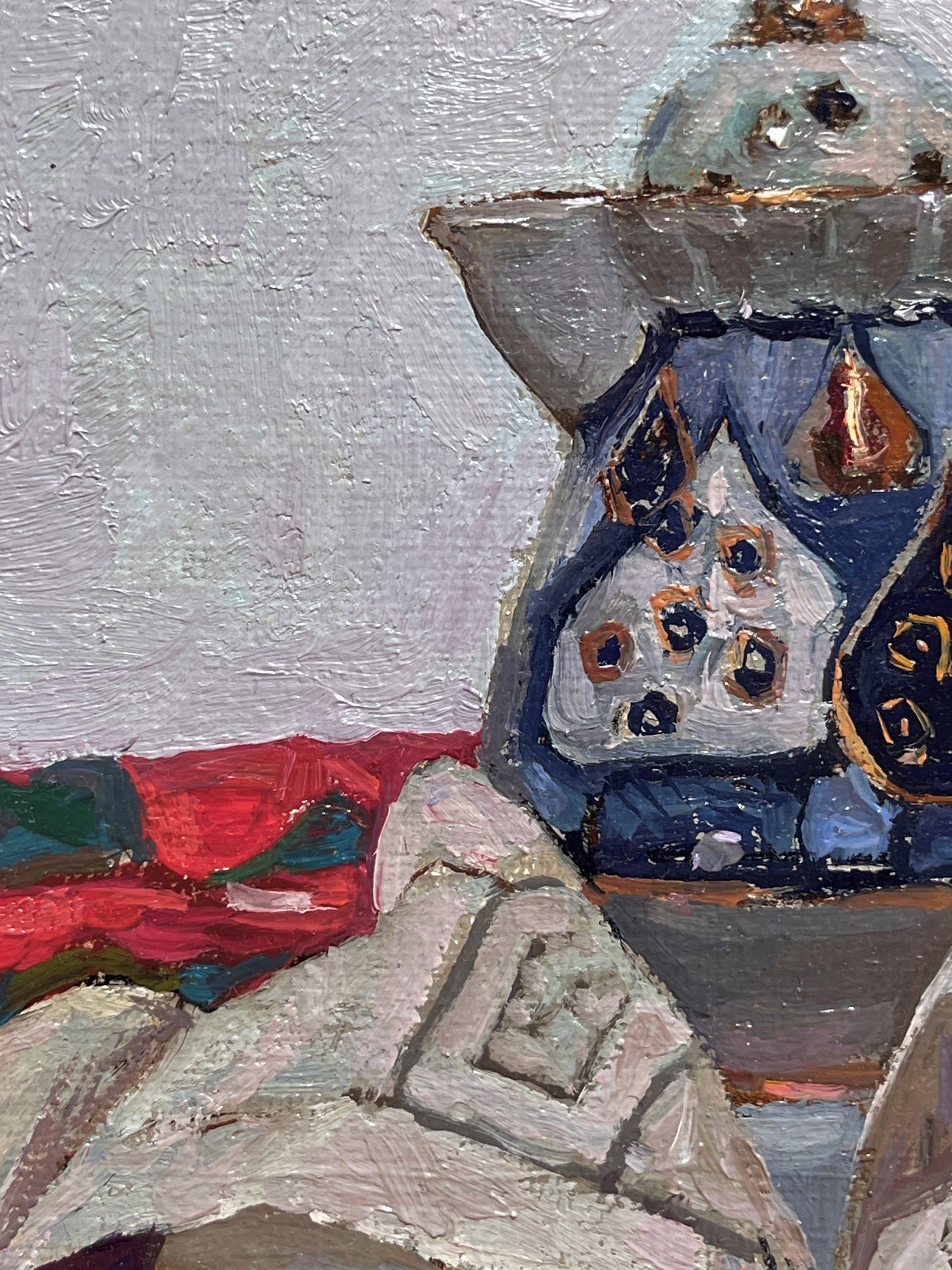 A painting of a teapot and a newspaper on a table with flowers.