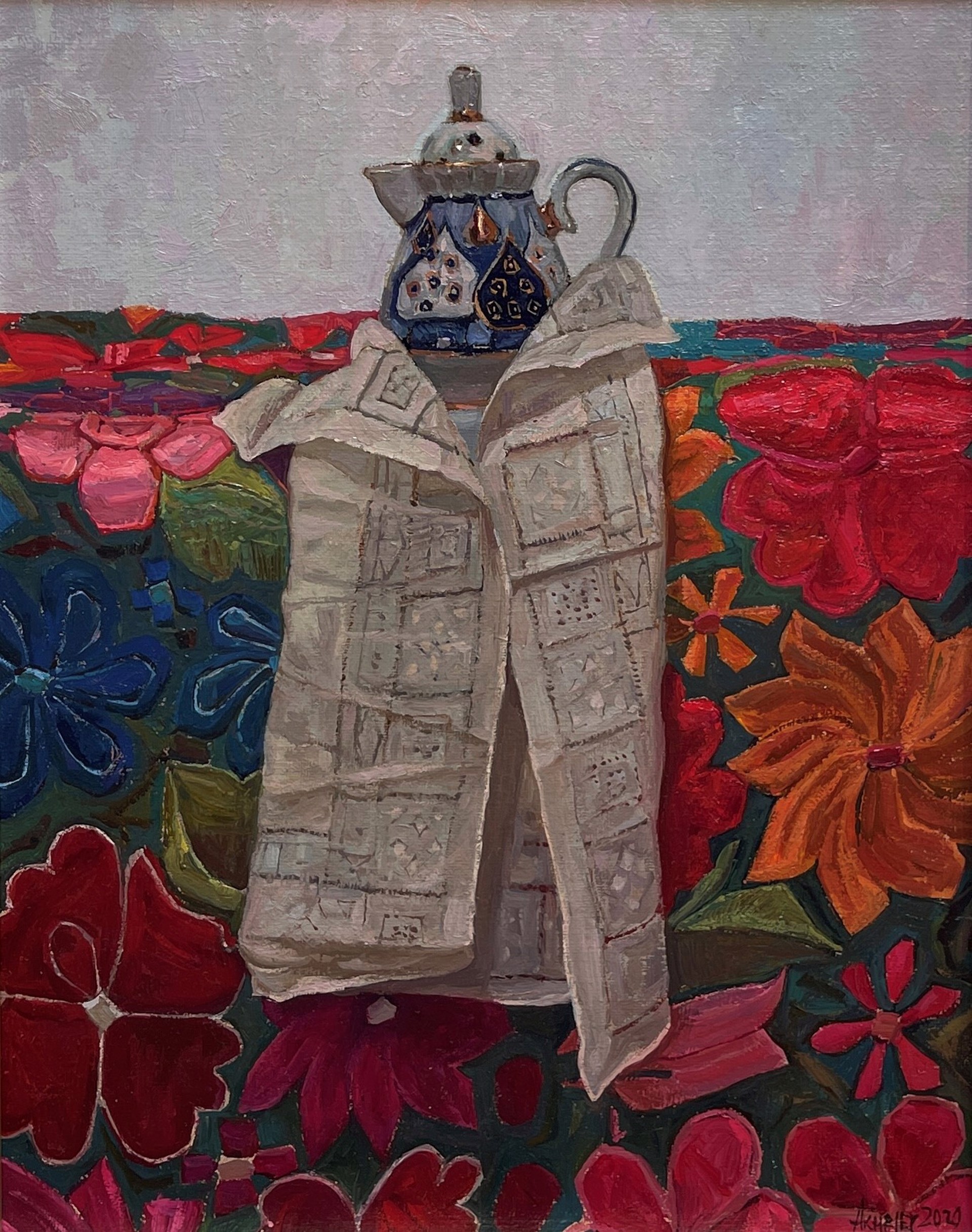A painting of a teapot and a newspaper on a table with flowers.