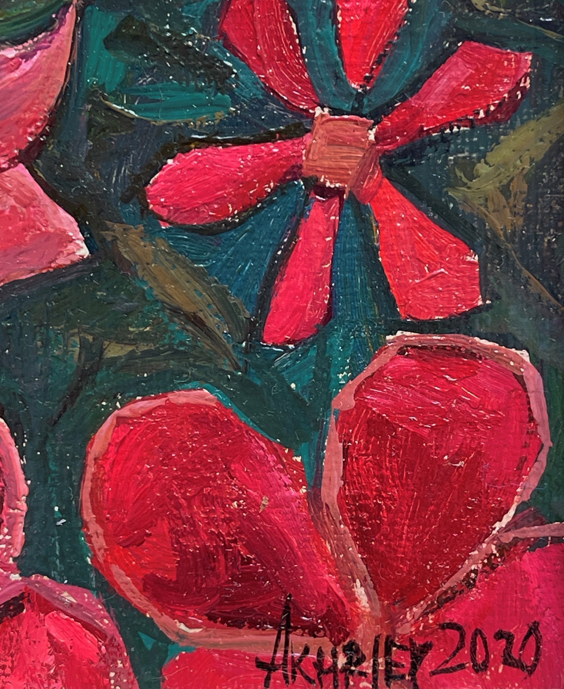 A painting of a teapot and a newspaper on a table with flowers.