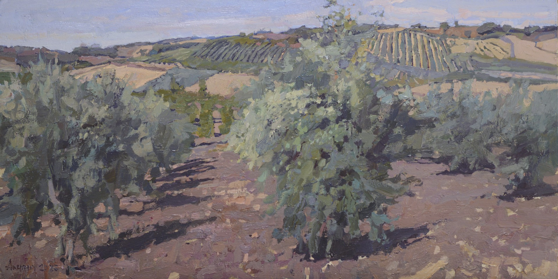 A painting of olive trees in a field with hills in the background.