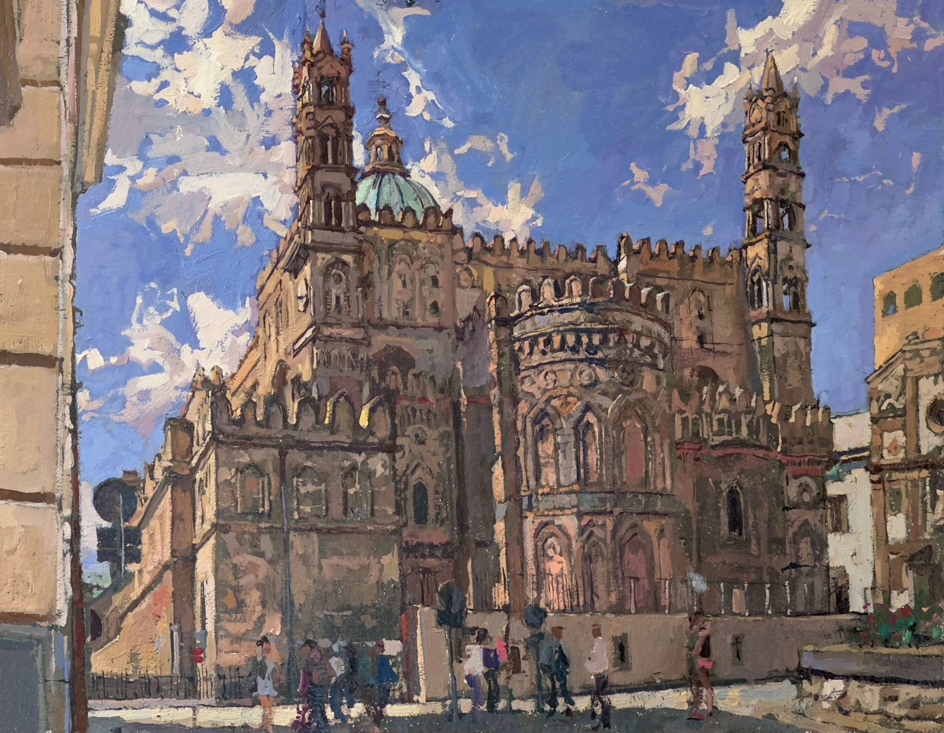 A painting of a large building with a clock tower.