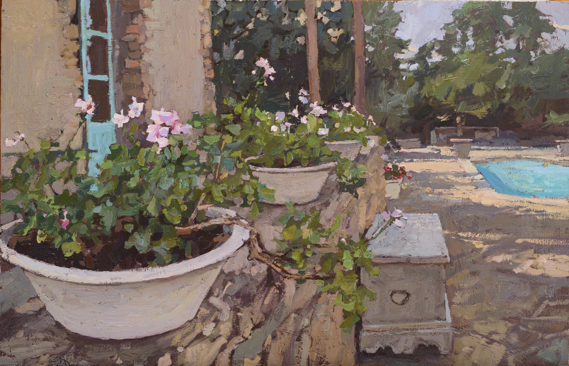 A painting of potted plants next to a swimming pool.