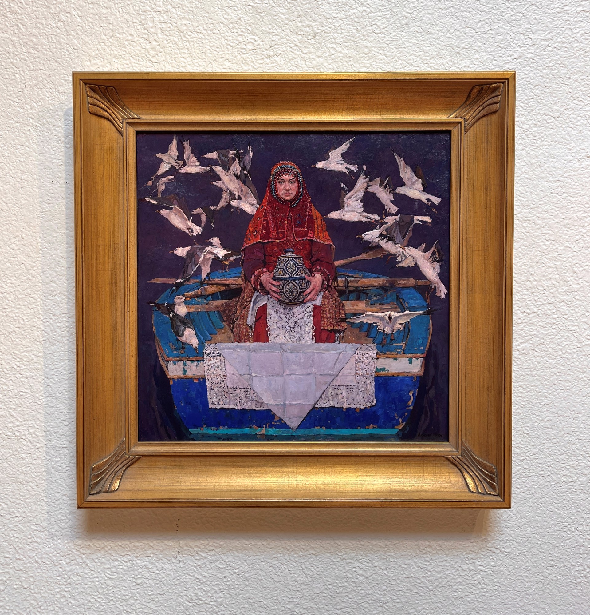 A painting of a woman sitting in a boat surrounded by birds.