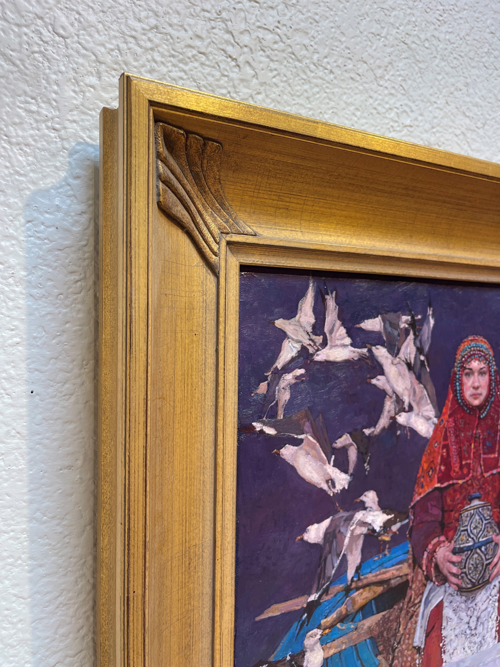 A painting of a woman sitting in a boat surrounded by birds.