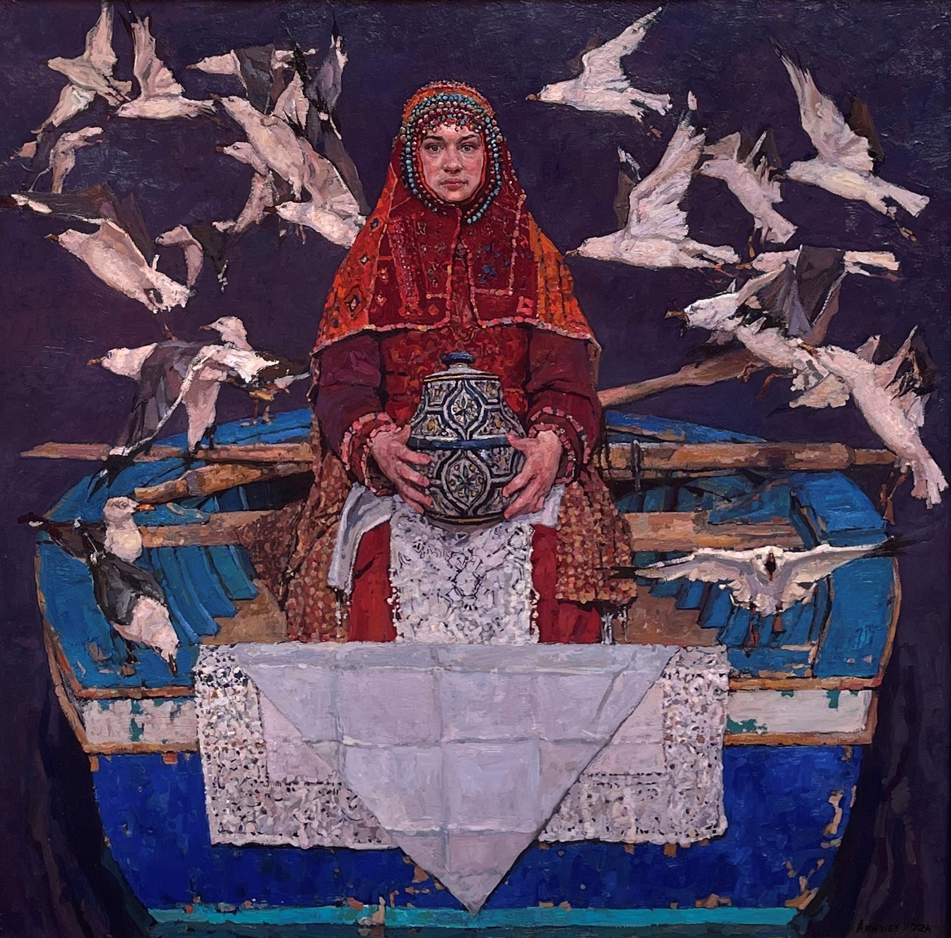 A painting of a woman sitting in a boat surrounded by birds.