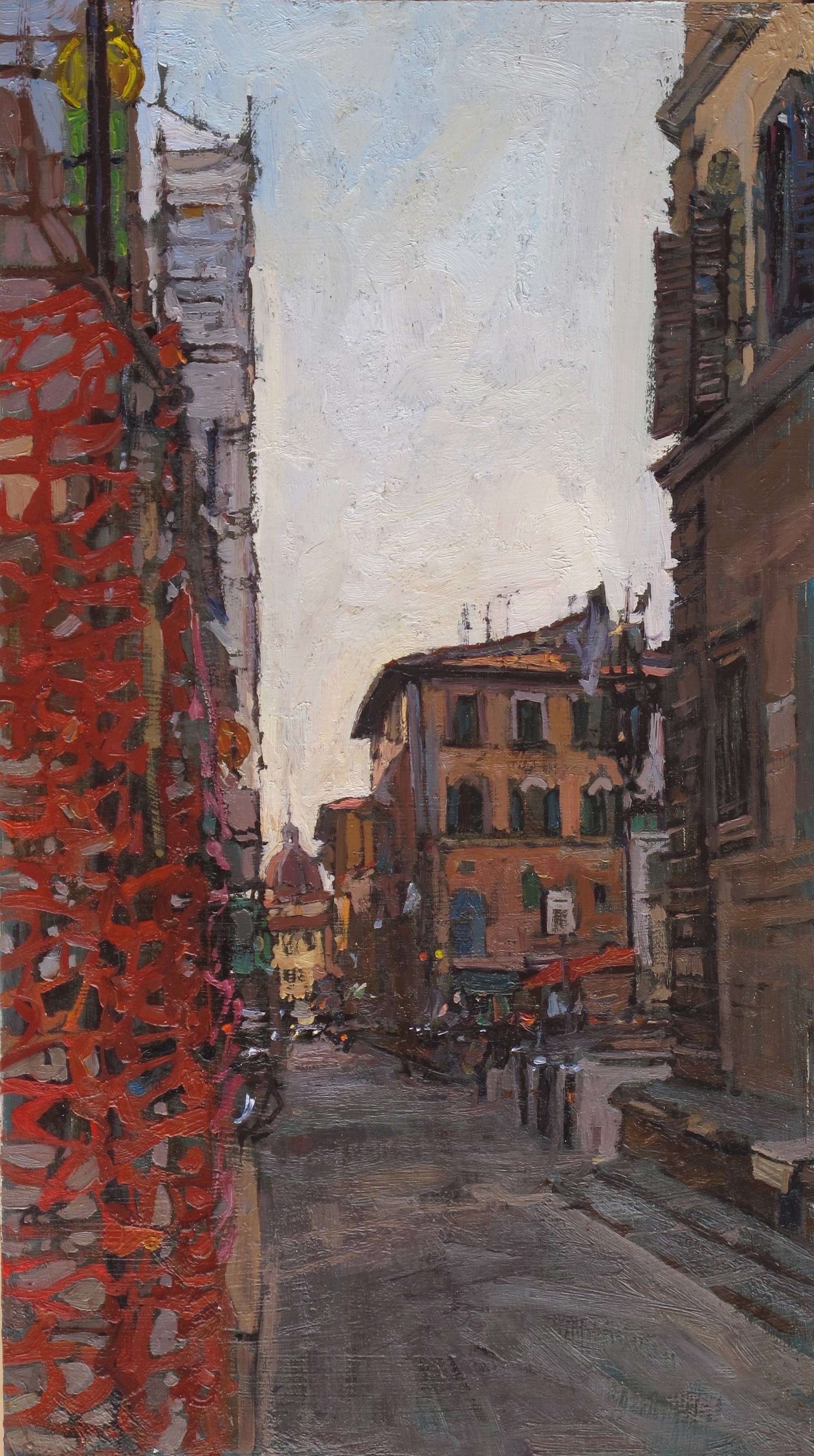 A painting of a city street with buildings in the background.