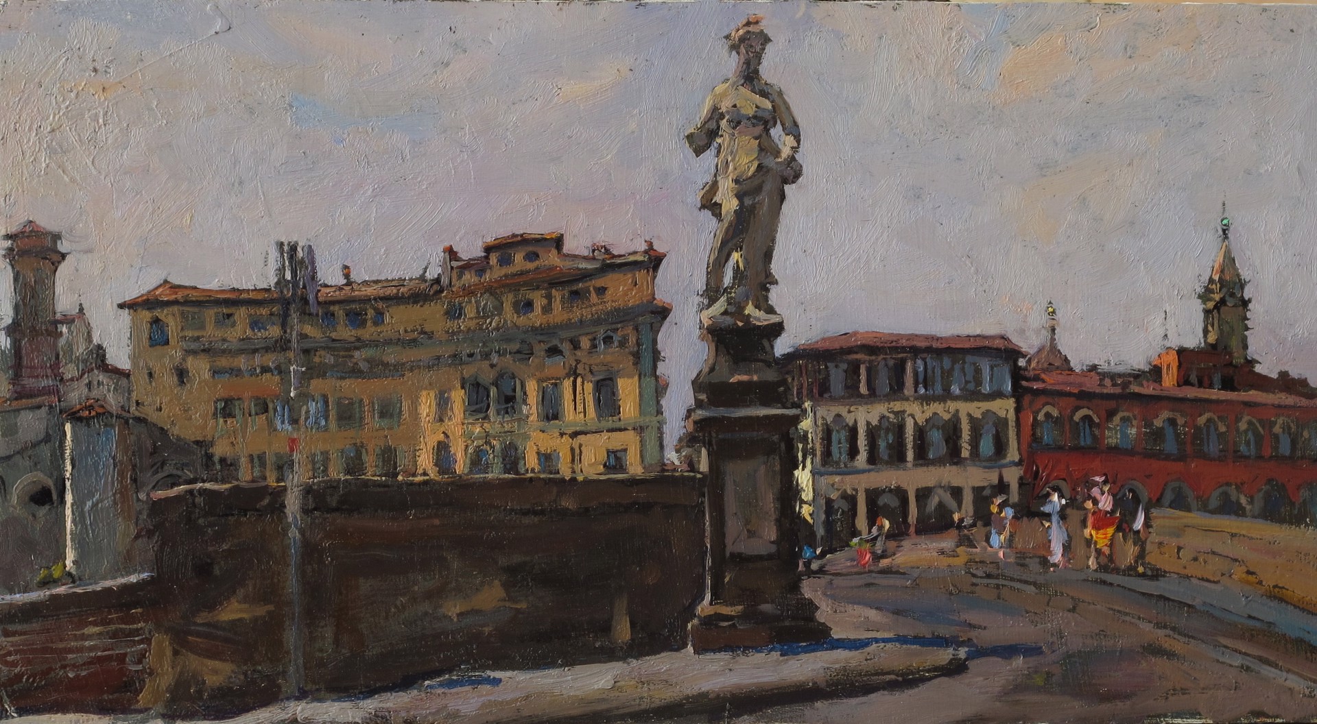 A painterly view of a bridge with a statue and historic buildings under a cloudy sky.
