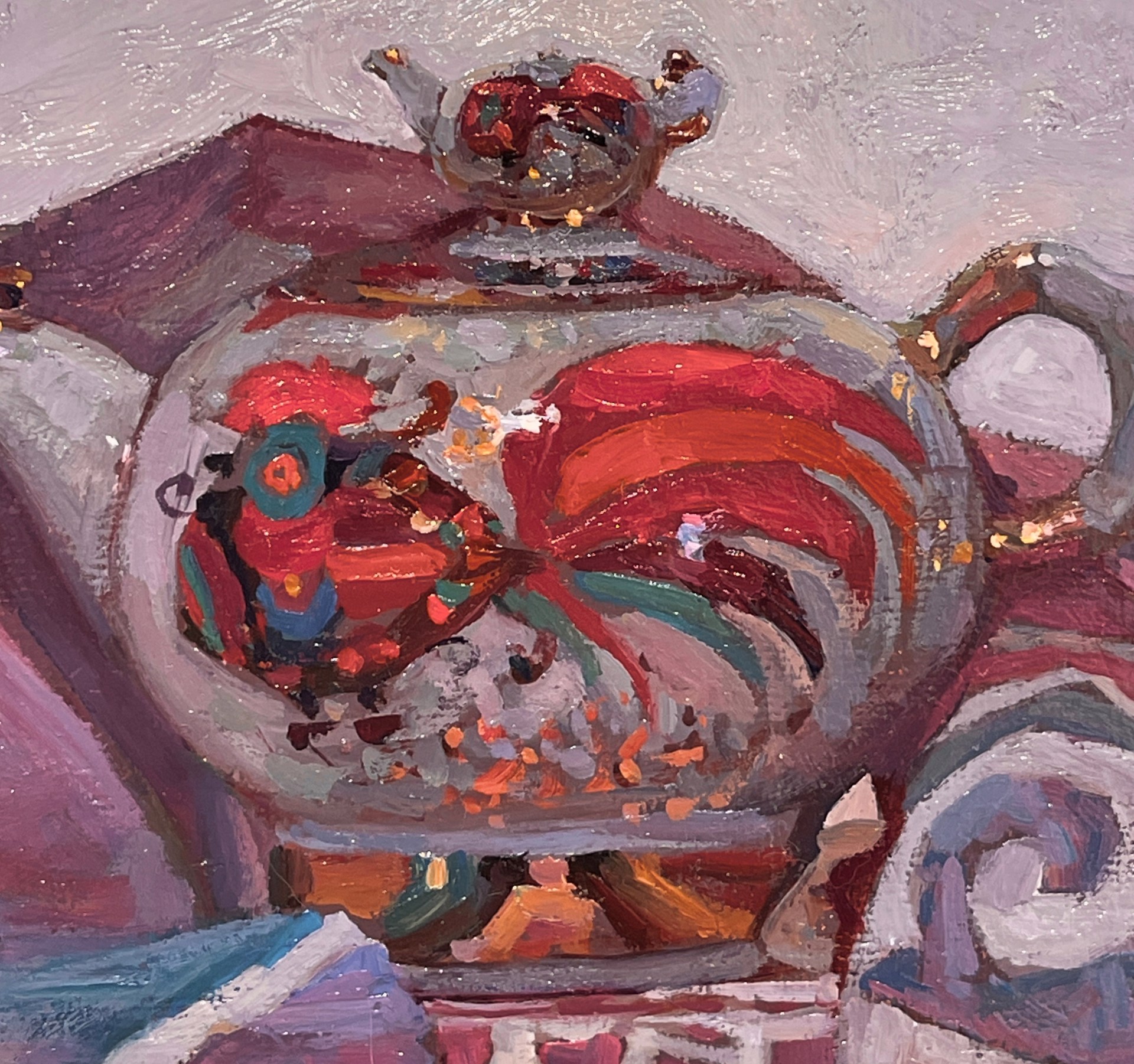 A painting of a teapot sitting on top of a table.