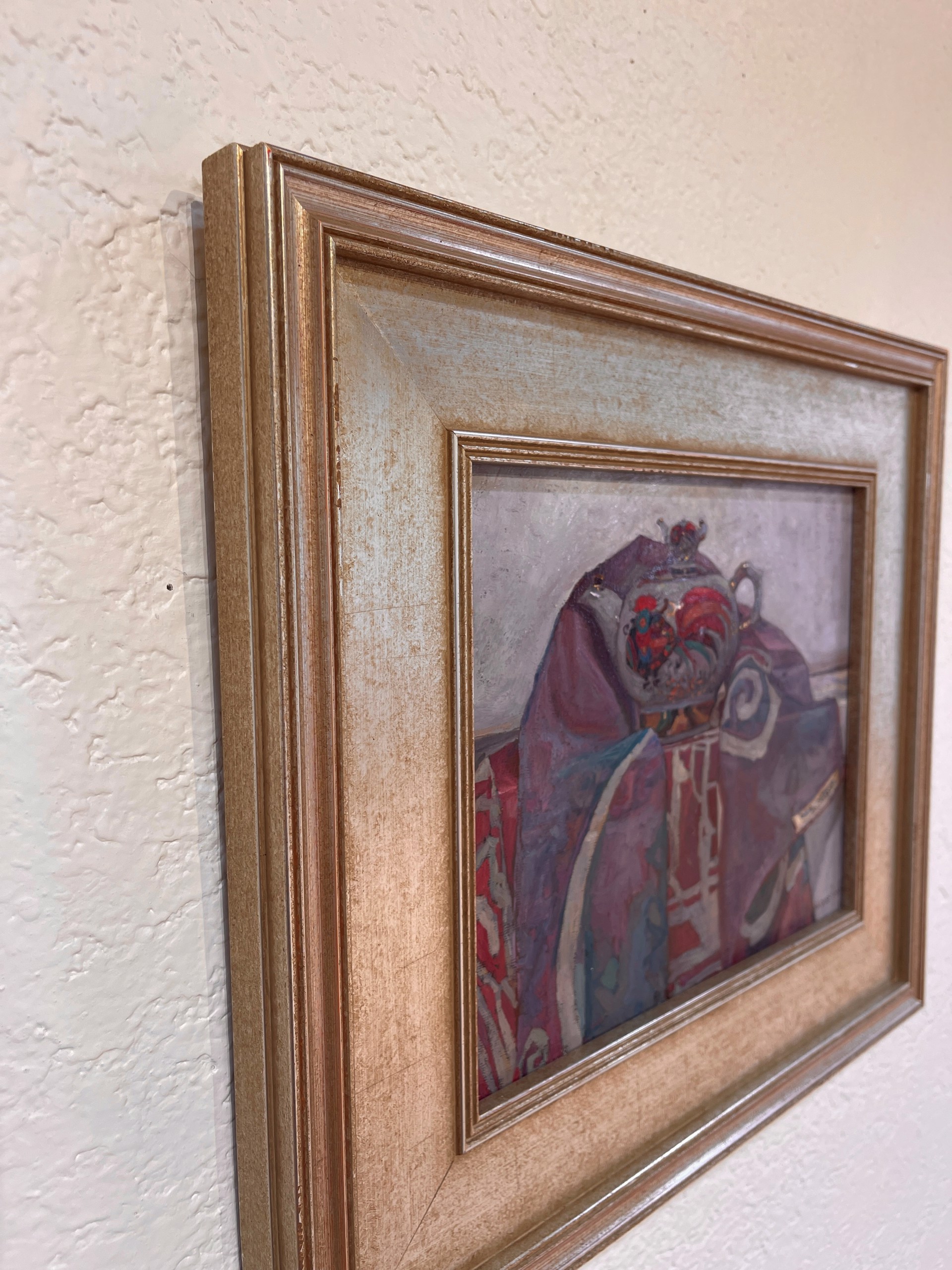 A painting of a teapot sitting on top of a table.