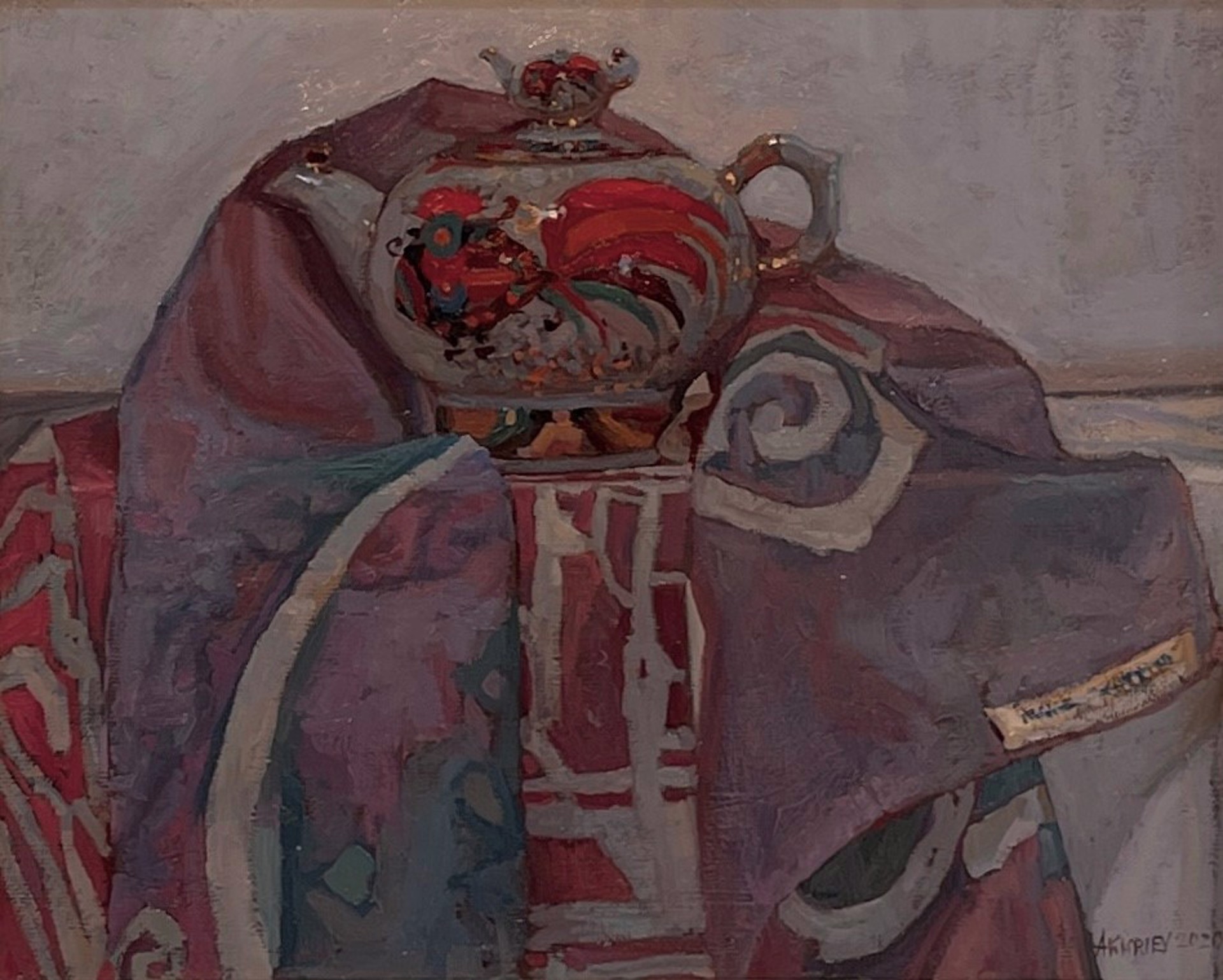A painting of a teapot sitting on top of a table.
