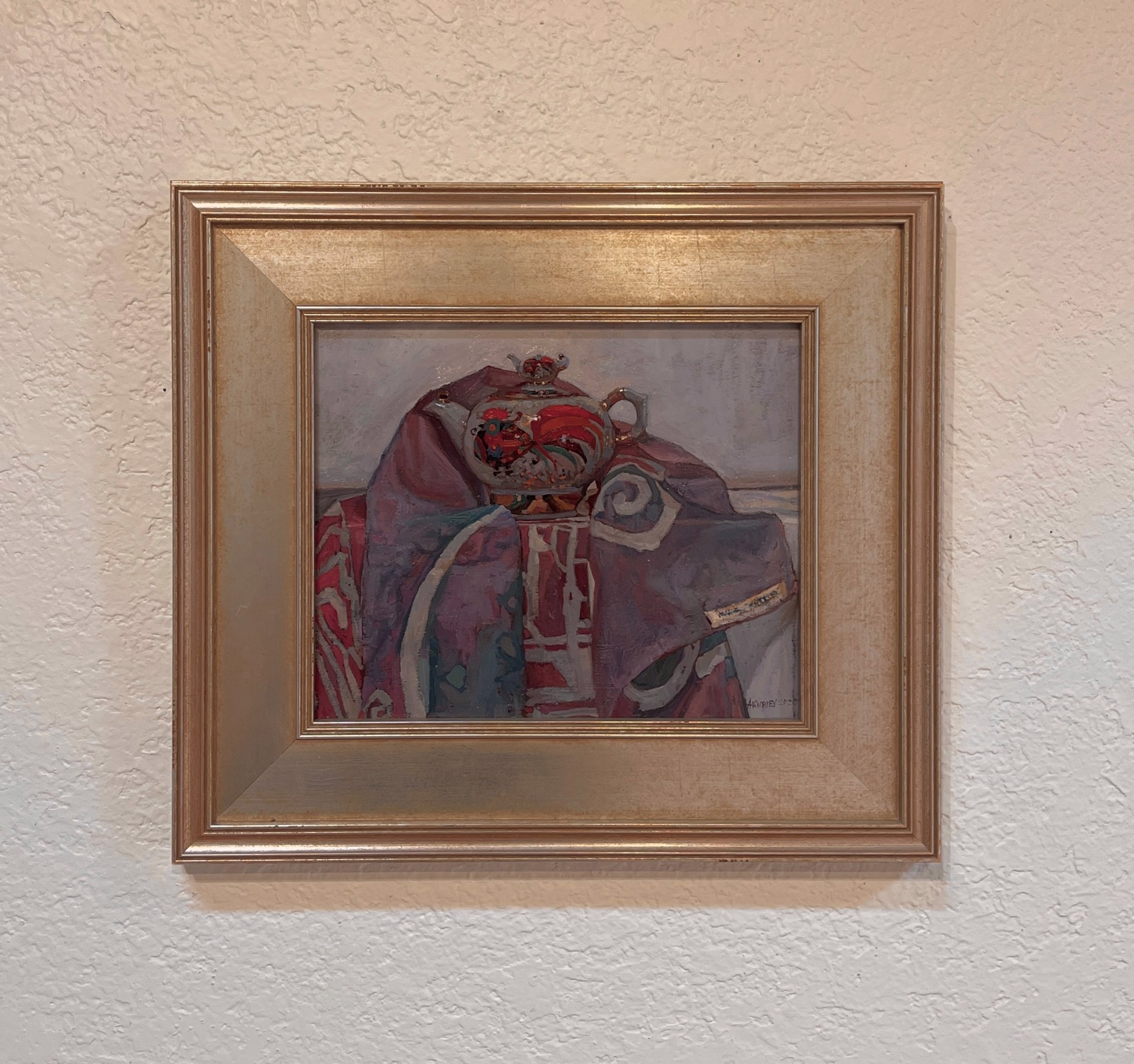 A painting of a teapot sitting on top of a table.