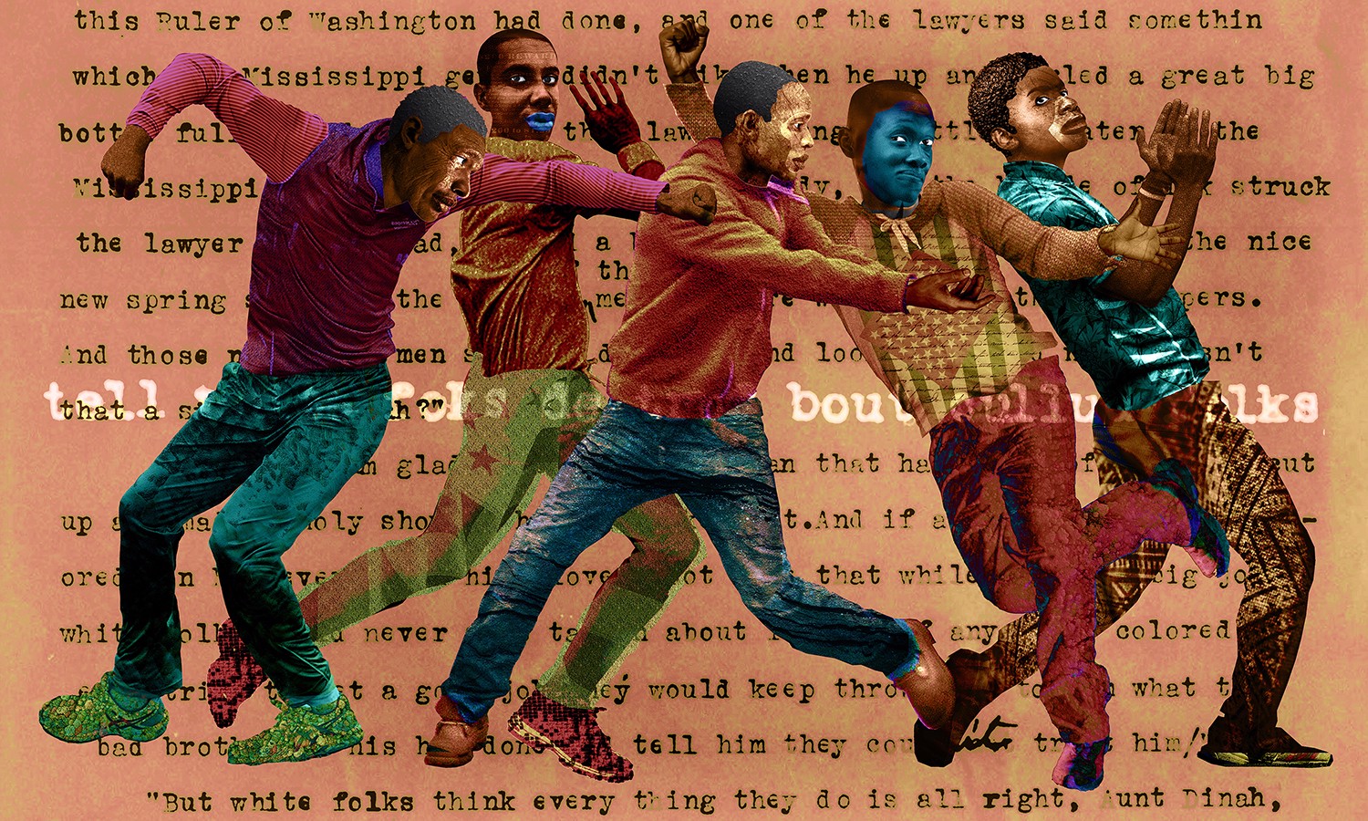 A group of people are dancing in a collage of words.