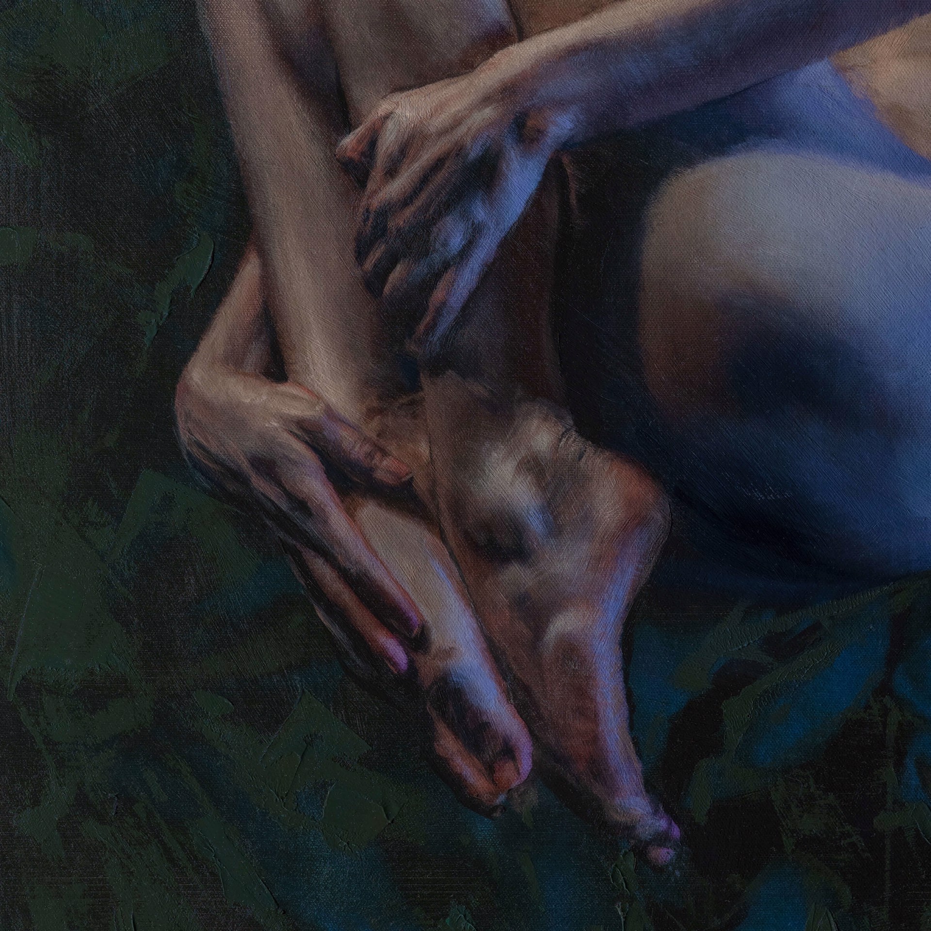 A painting of a nude woman laying down on a blue background.