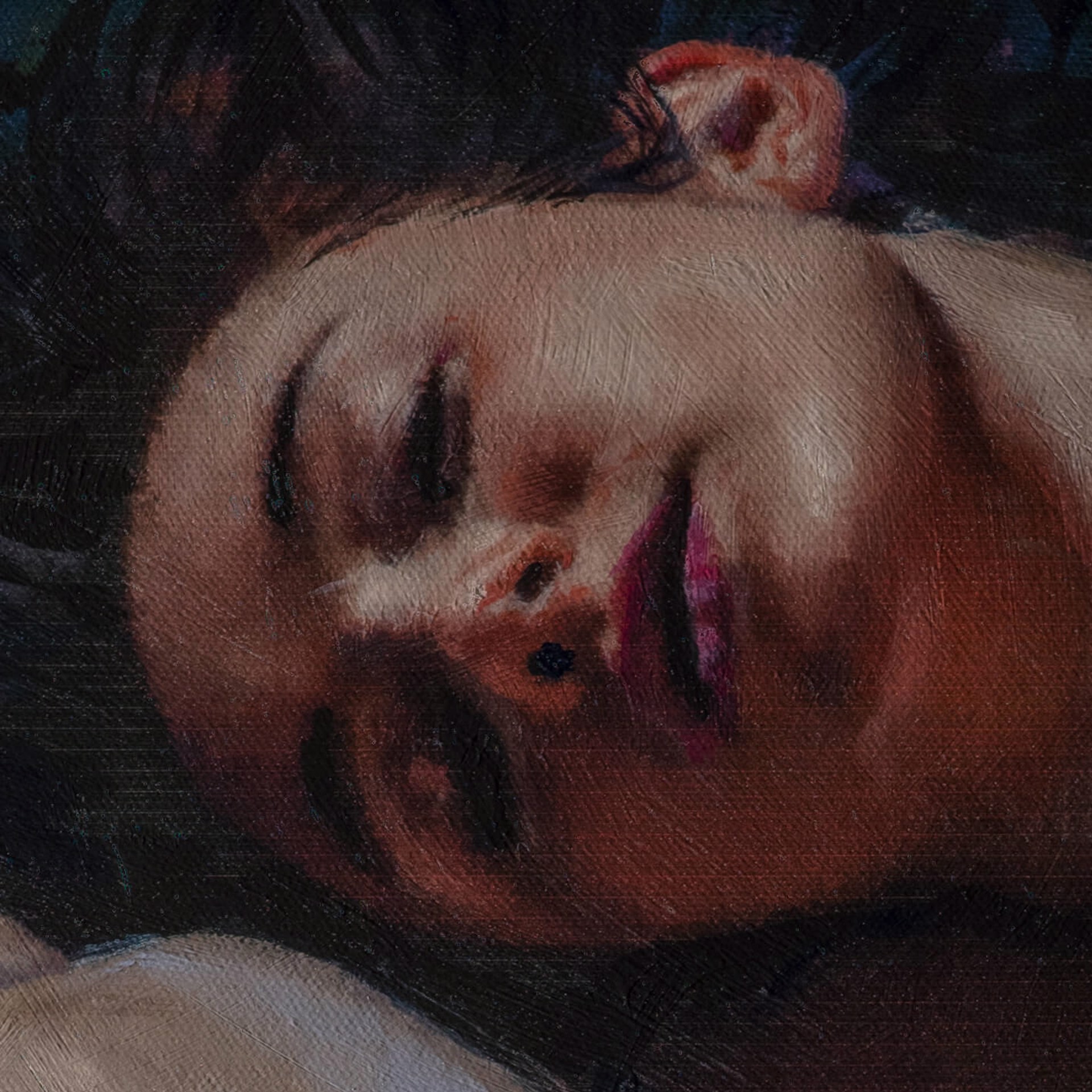 A painting of a nude woman laying down on a blue background.