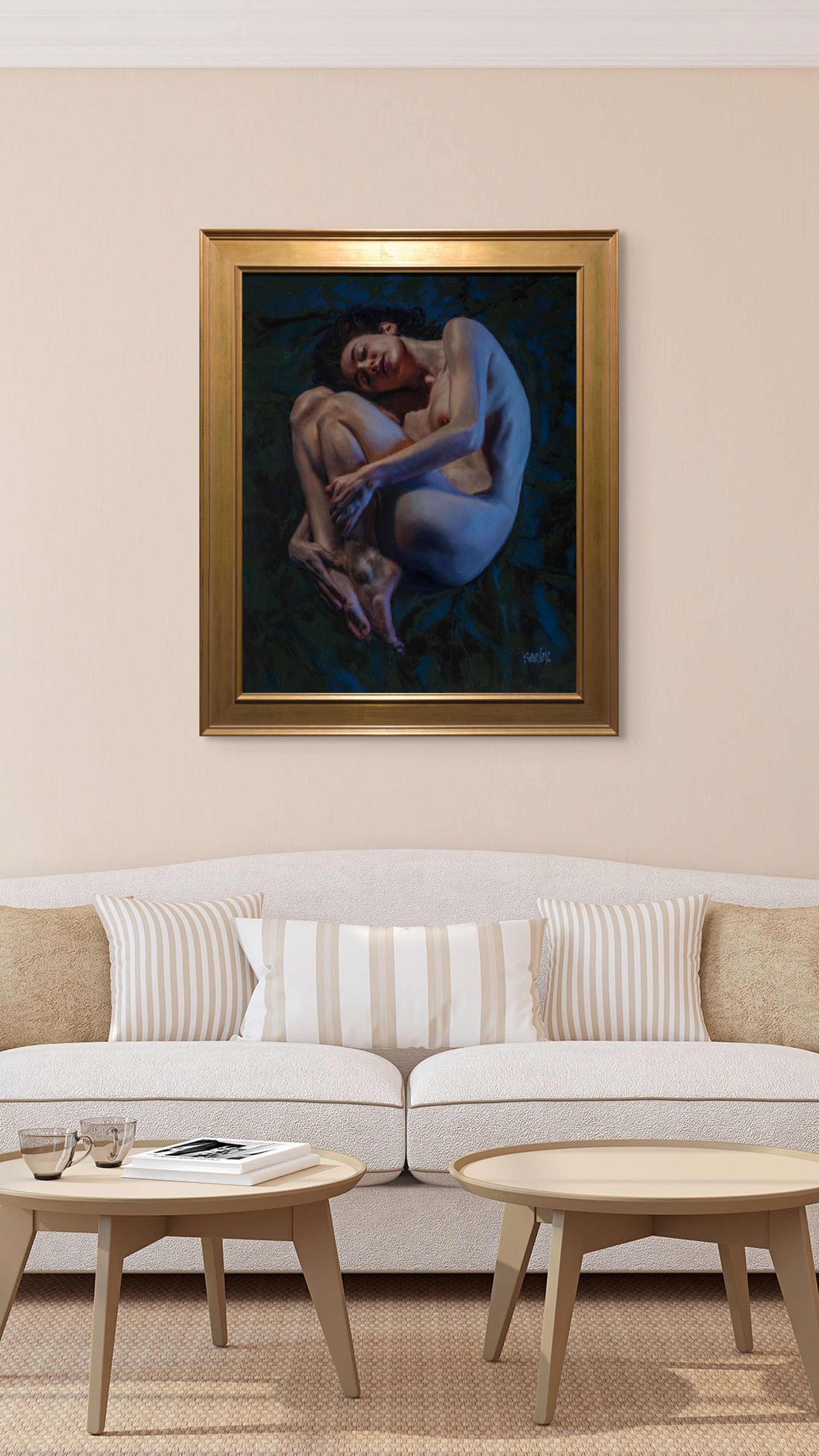 A painting of a nude woman laying down on a blue background.