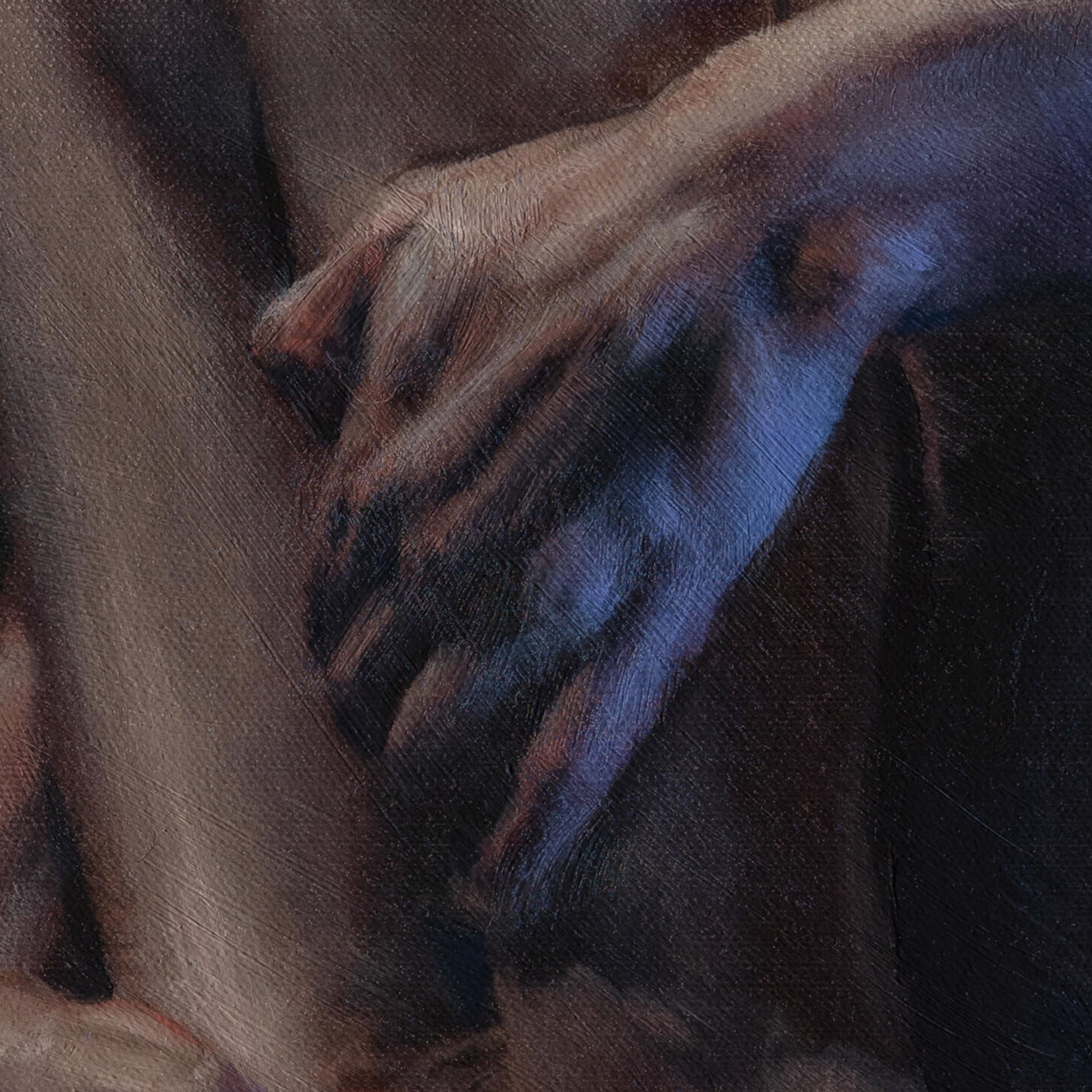 A painting of a nude woman laying down on a blue background.