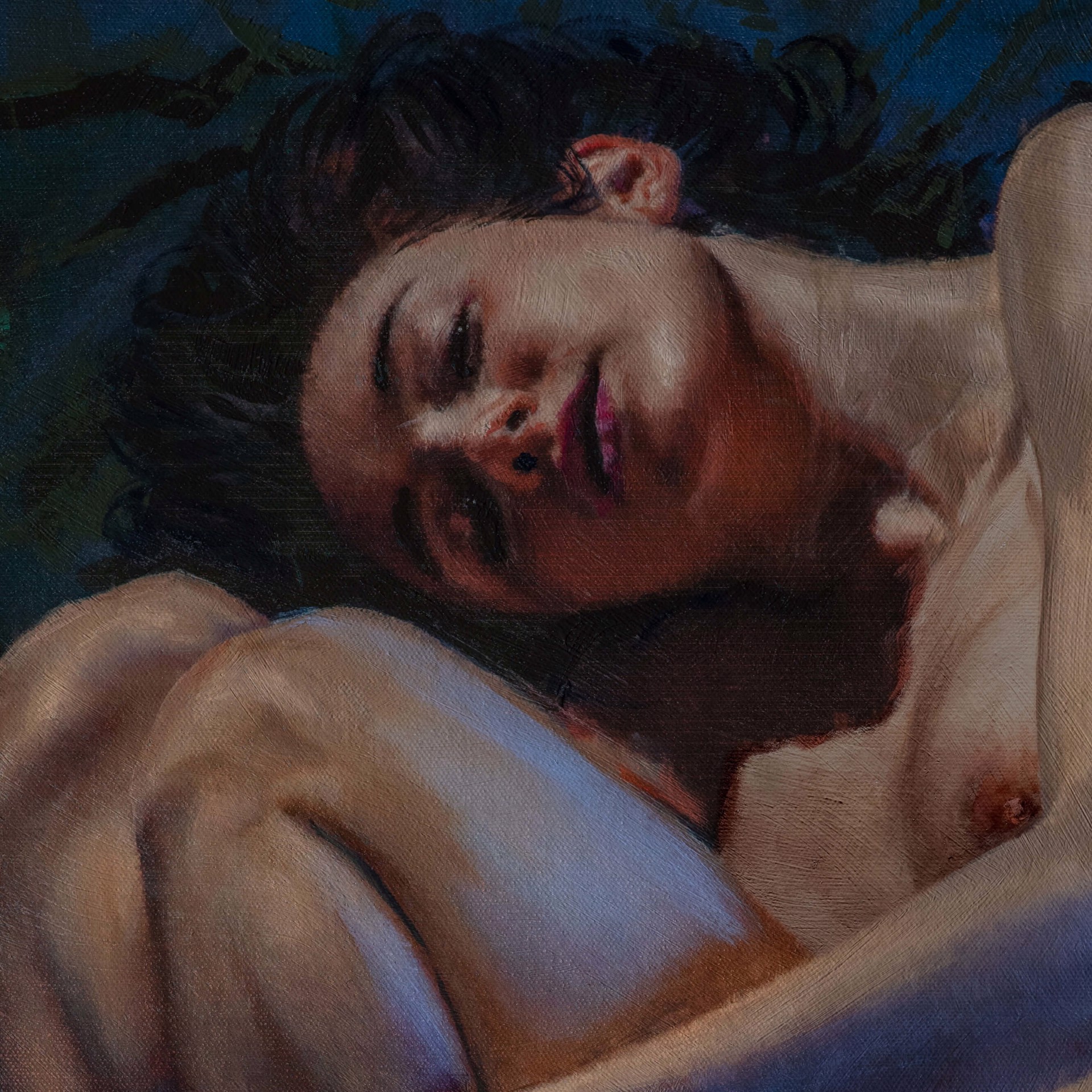 A painting of a nude woman laying down on a blue background.