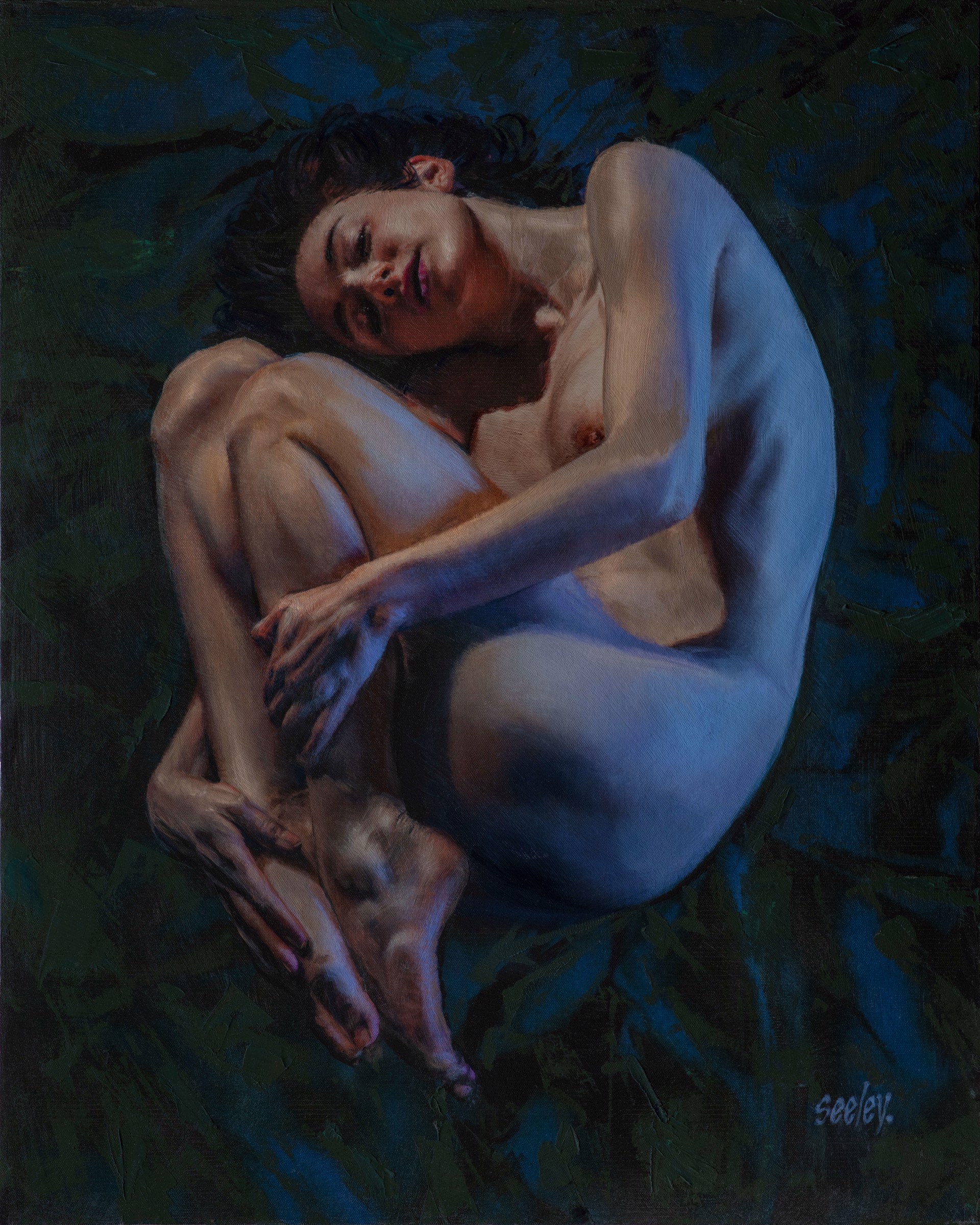 A painting of a nude woman laying down on a blue background.