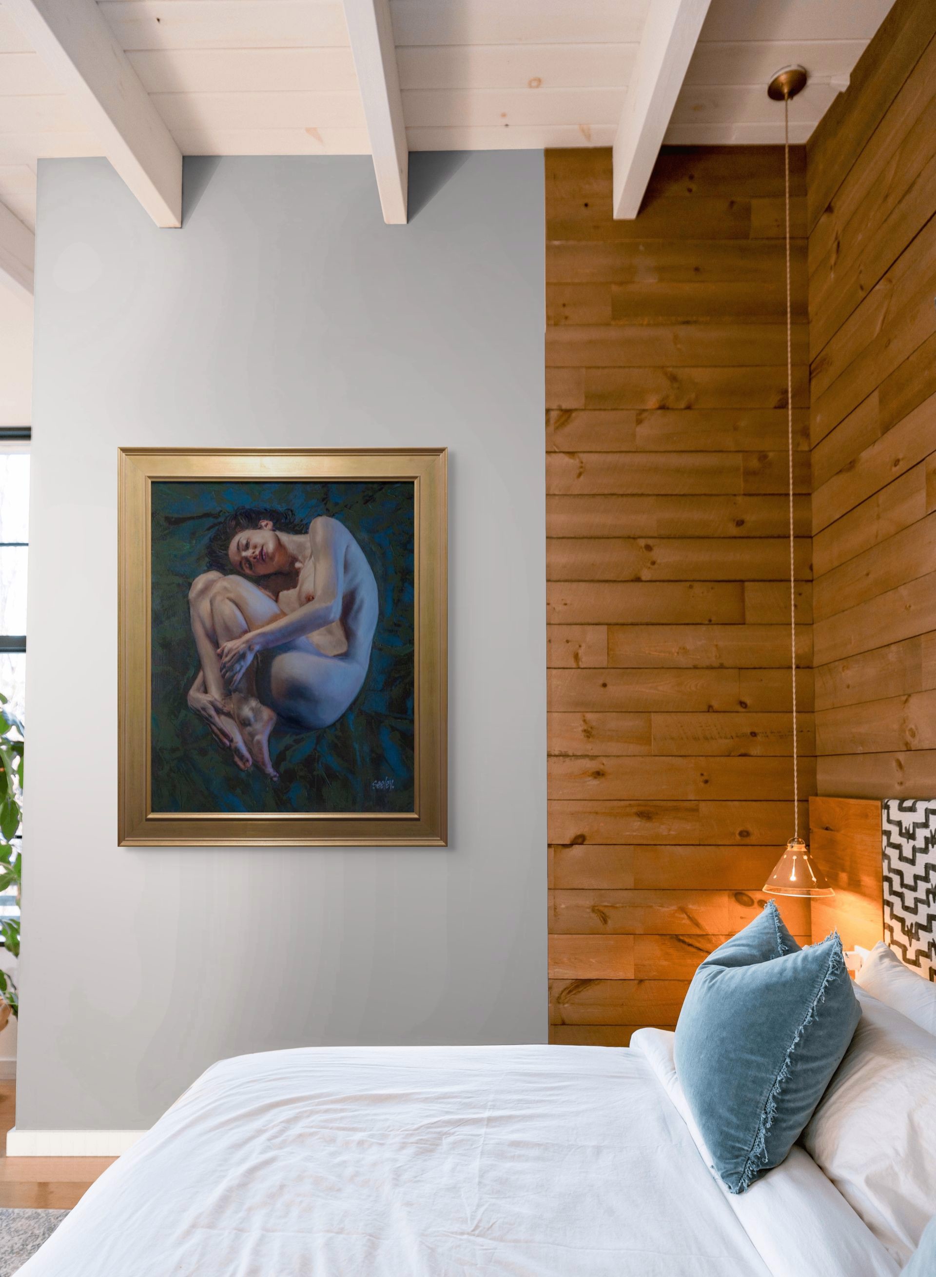 A painting of a nude woman laying down on a blue background.