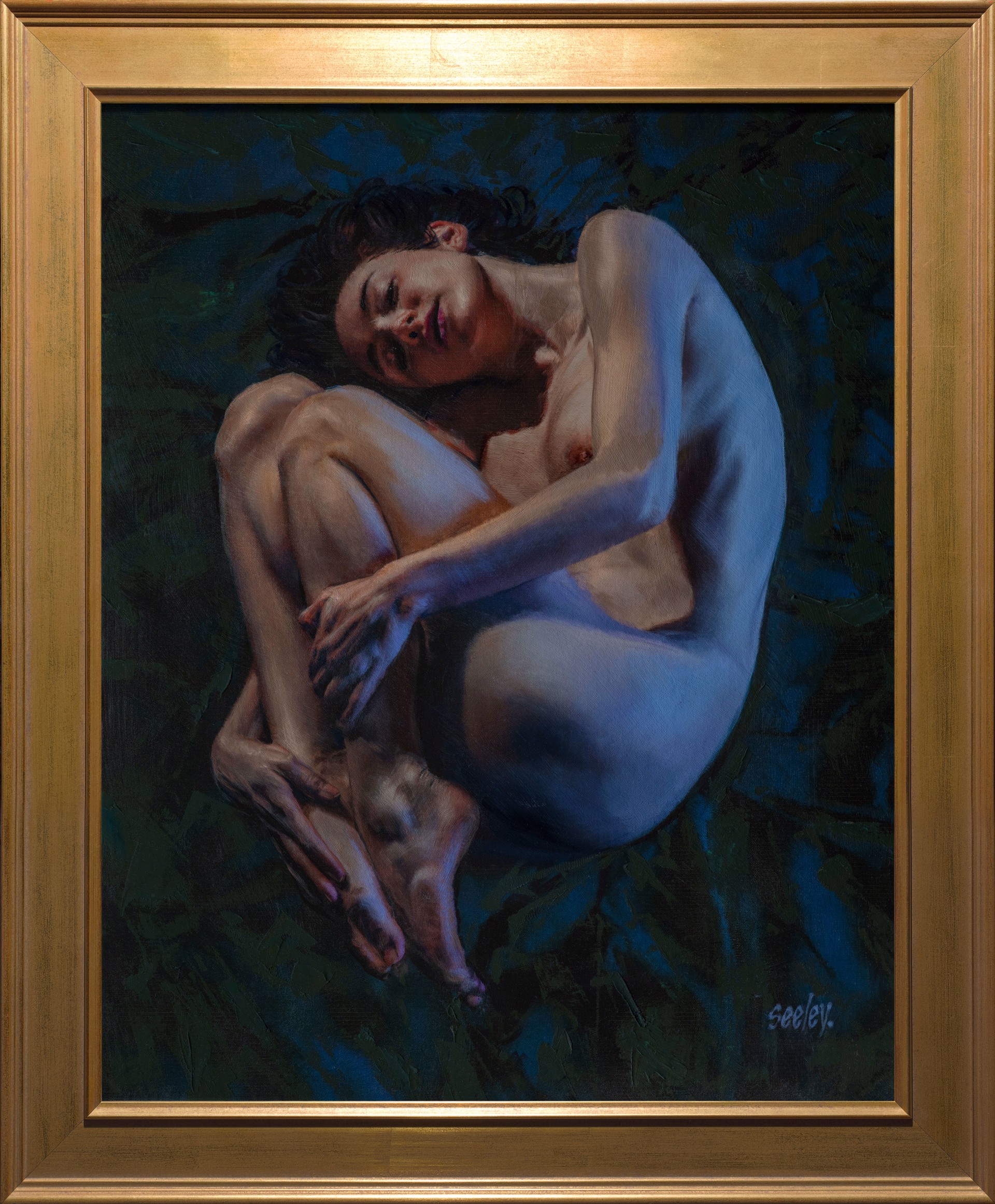 A painting of a nude woman laying down on a blue background.