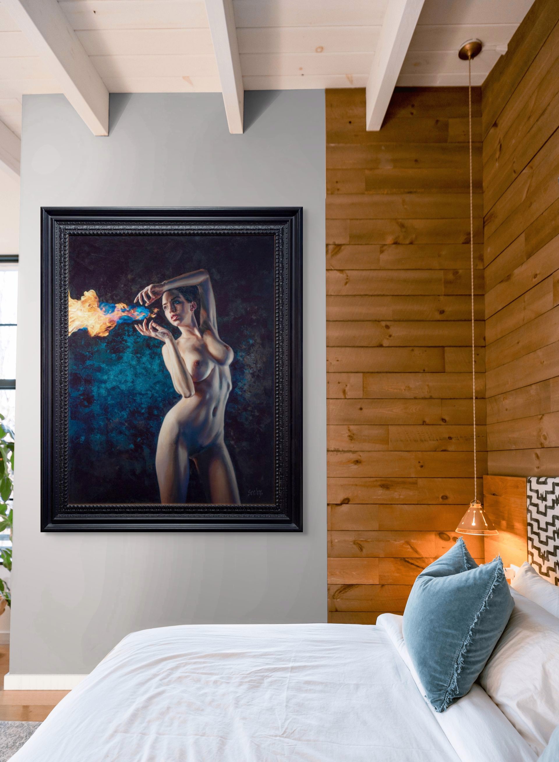 A nude figure stands in a dramatic pose, holding a stream of blue and orange flames.