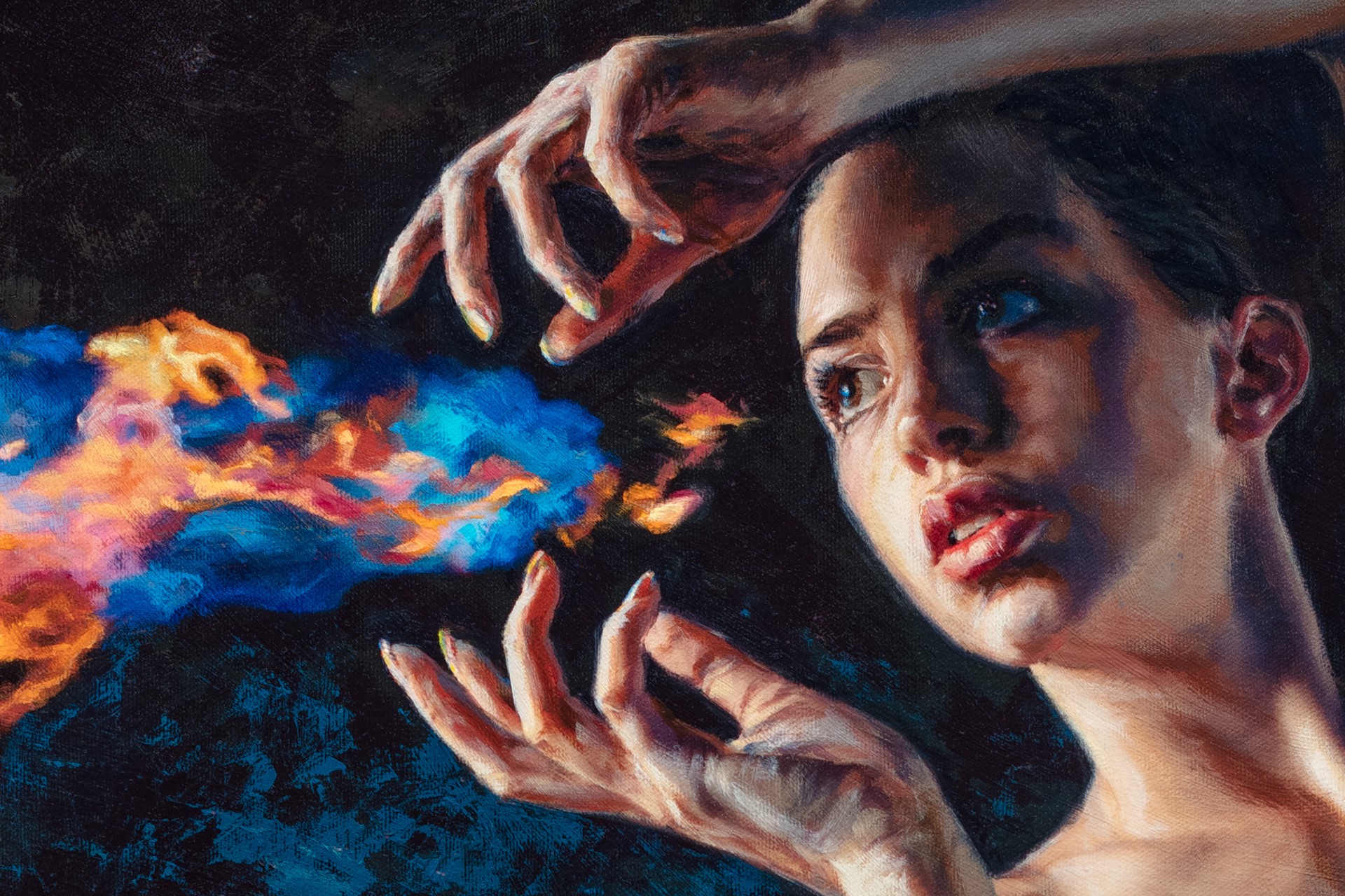 A nude figure stands in a dramatic pose, holding a stream of blue and orange flames.