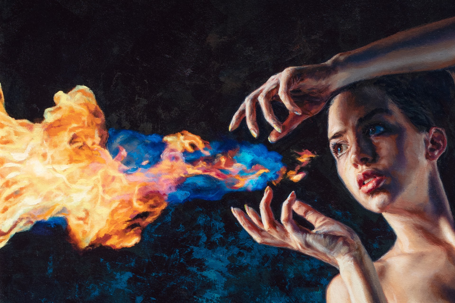 A nude figure stands in a dramatic pose, holding a stream of blue and orange flames.