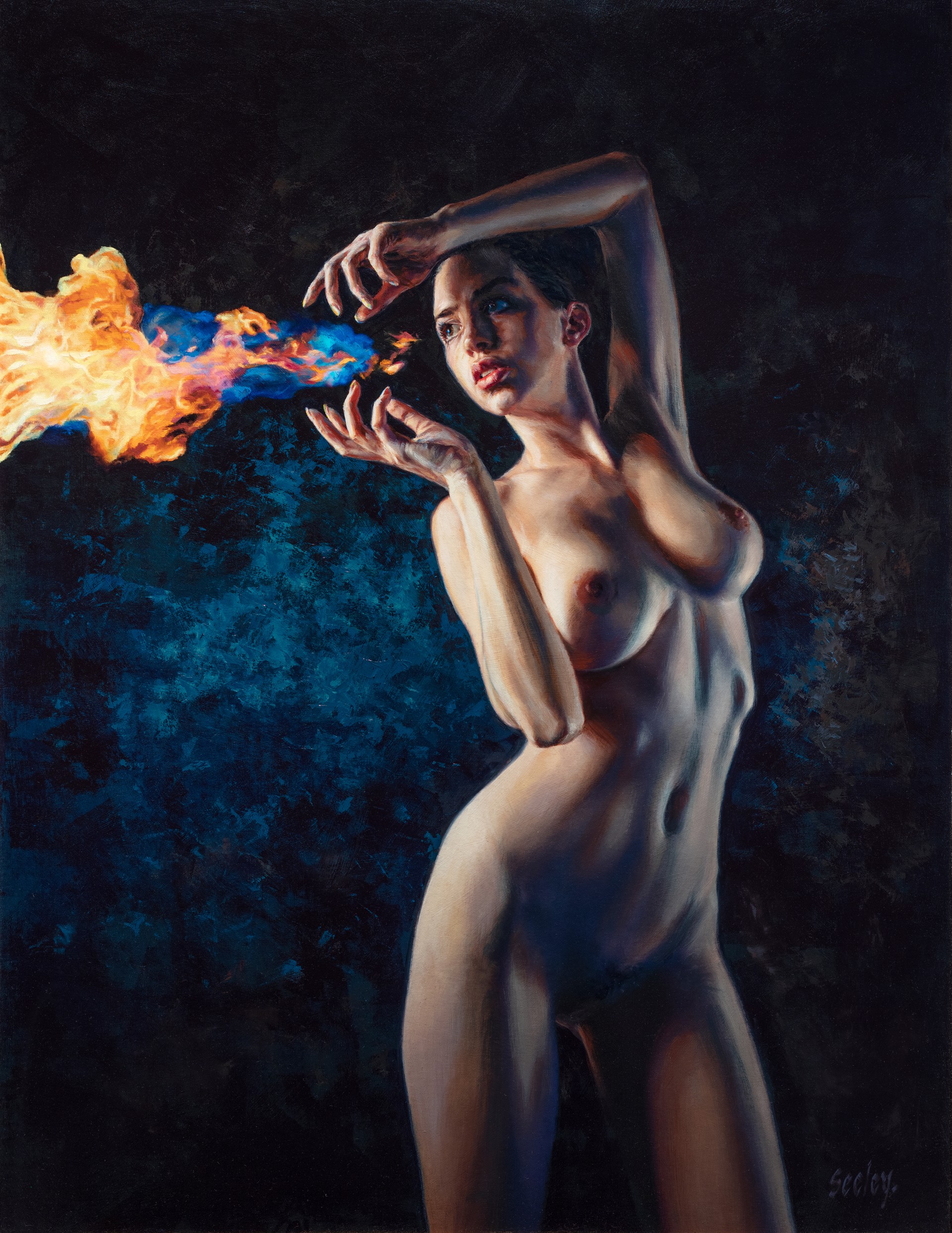 A nude figure stands in a dramatic pose, holding a stream of blue and orange flames.