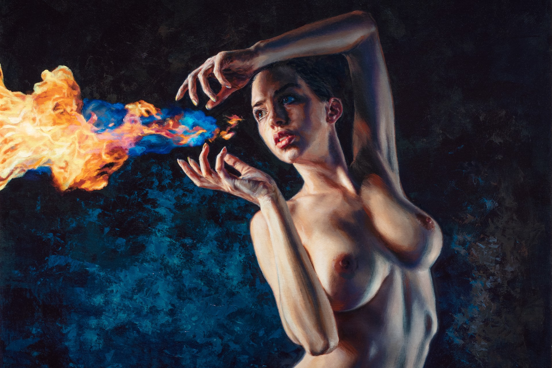 A nude figure stands in a dramatic pose, holding a stream of blue and orange flames.