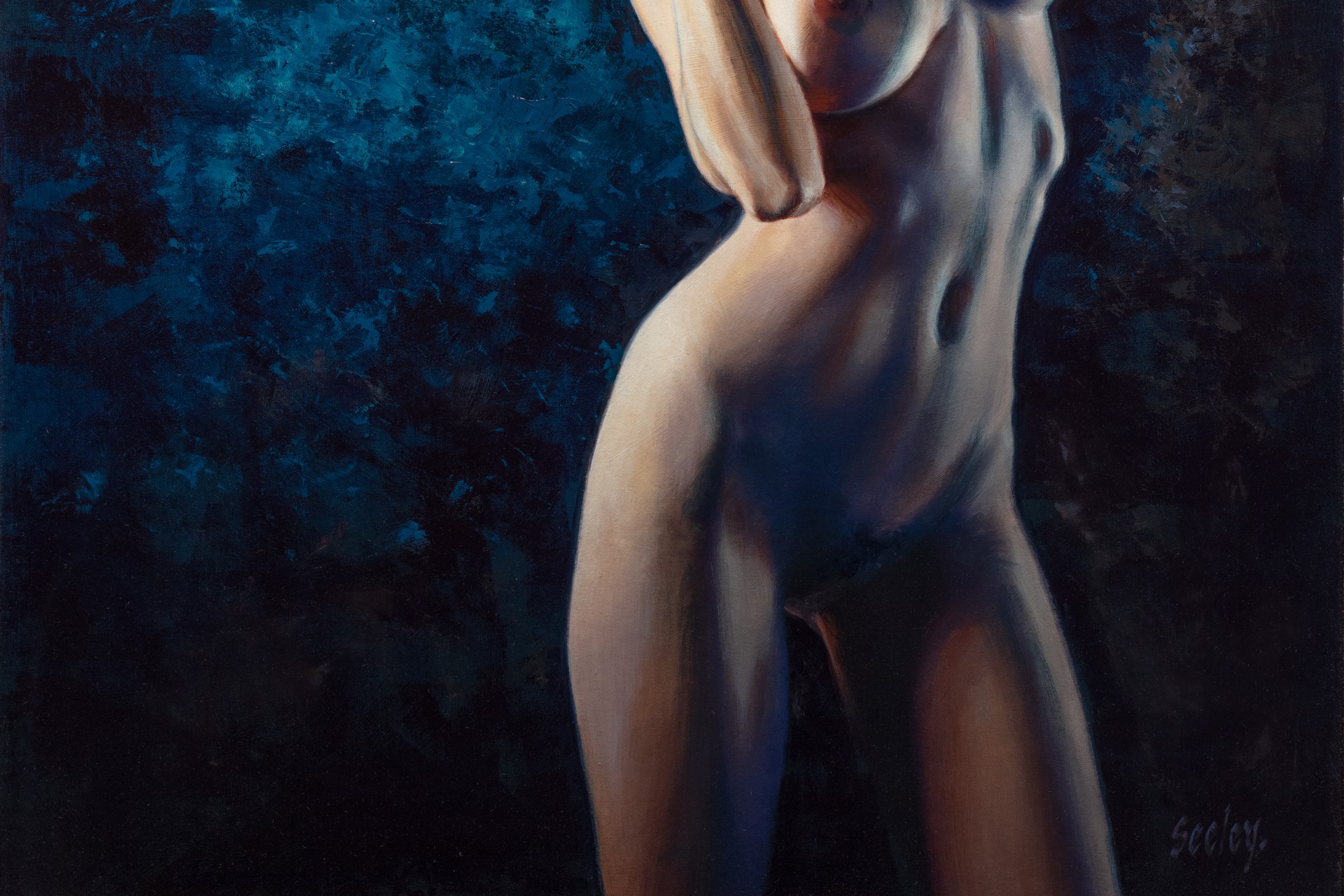 A nude figure stands in a dramatic pose, holding a stream of blue and orange flames.