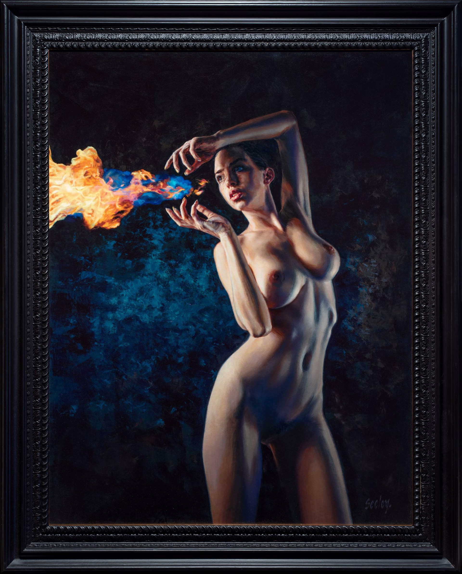 A nude figure stands in a dramatic pose, holding a stream of blue and orange flames.