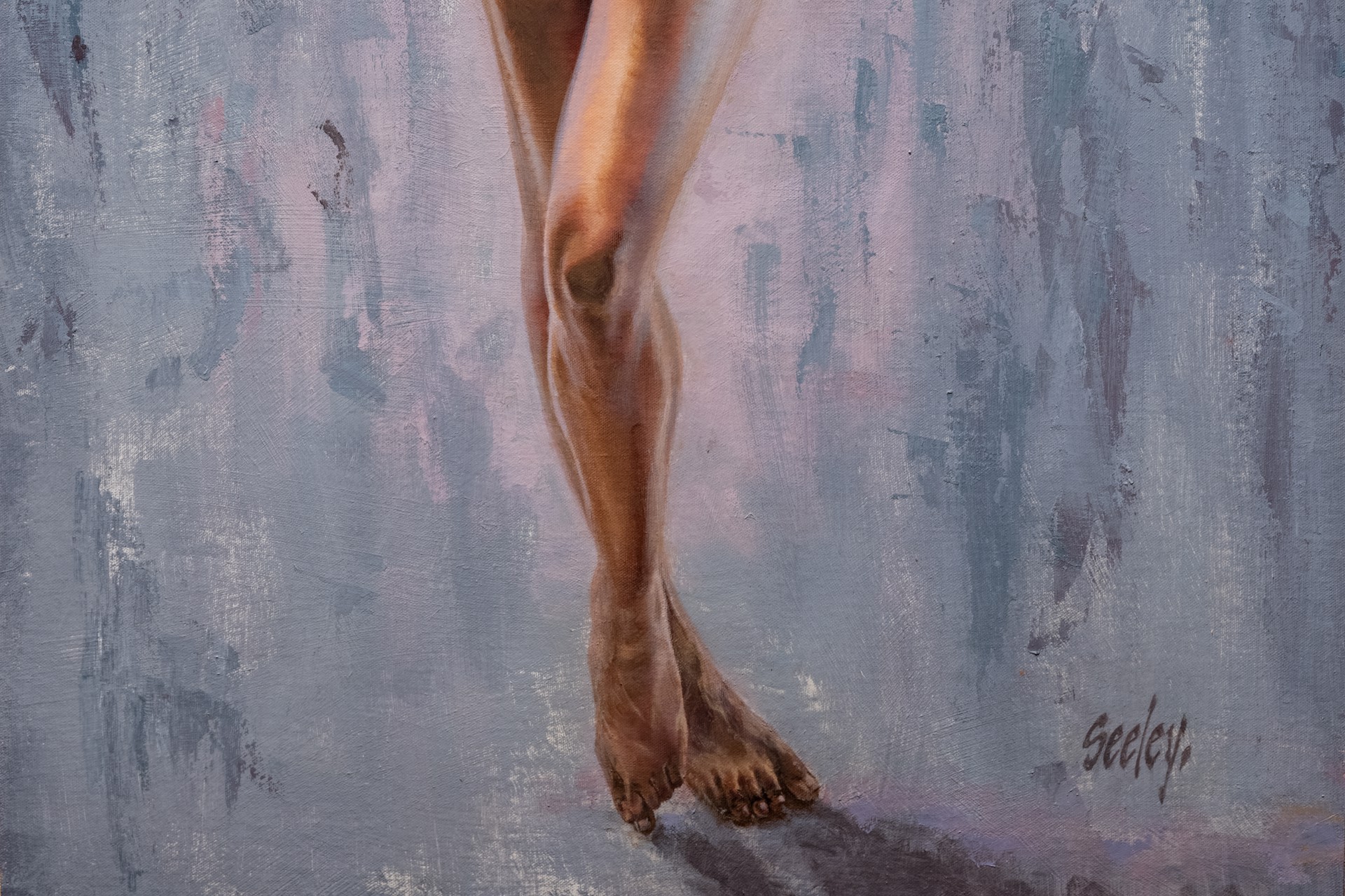 A nude female figure stands in a poised, confident pose against an abstract textured background.