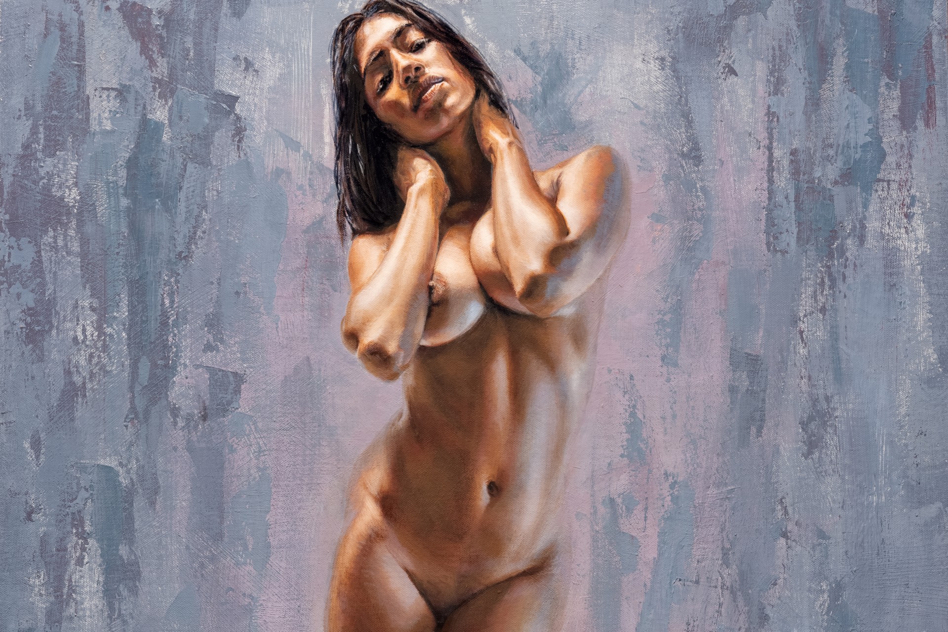 A nude female figure stands in a poised, confident pose against an abstract textured background.