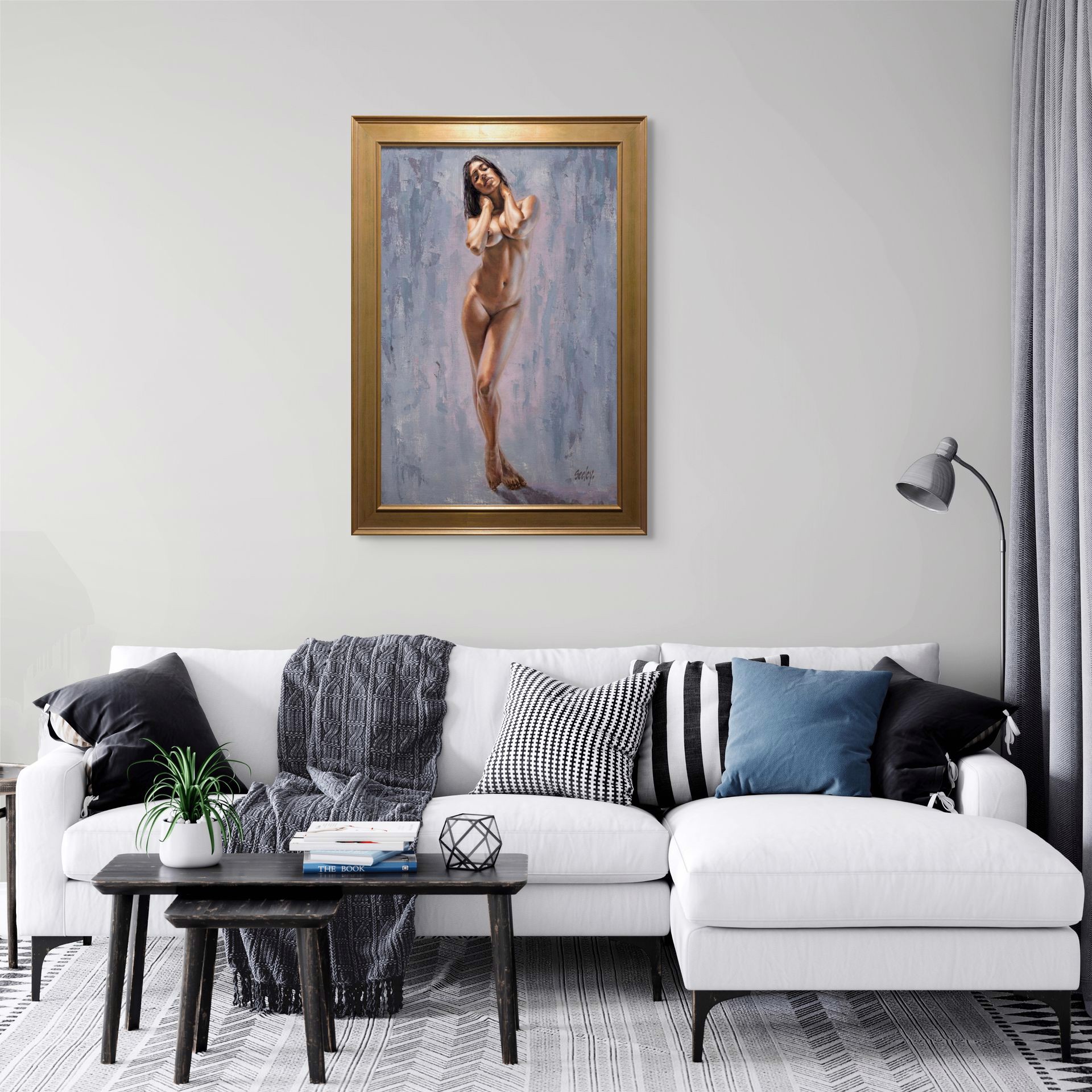 A nude female figure stands in a poised, confident pose against an abstract textured background.