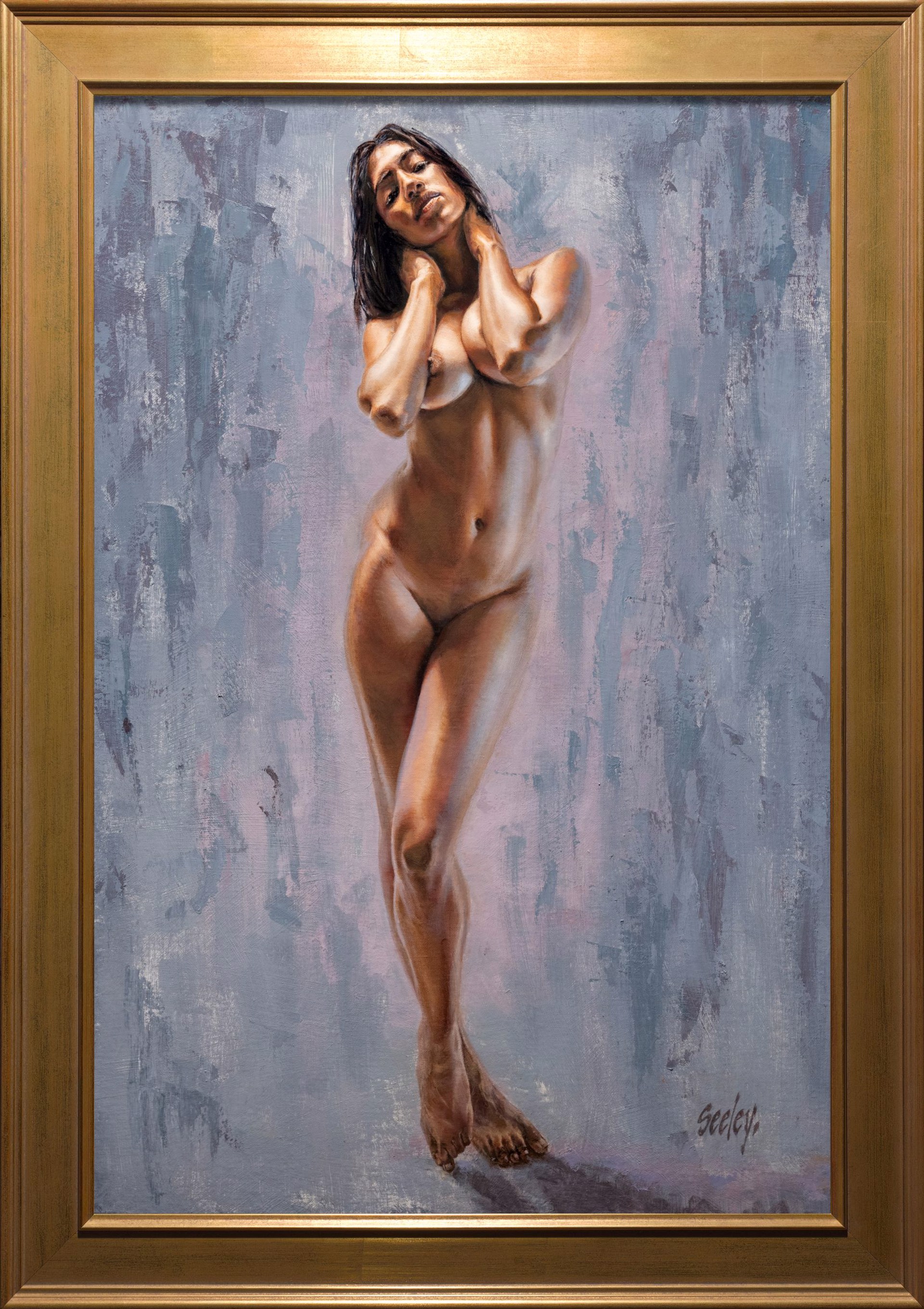 A nude female figure stands in a poised, confident pose against an abstract textured background.